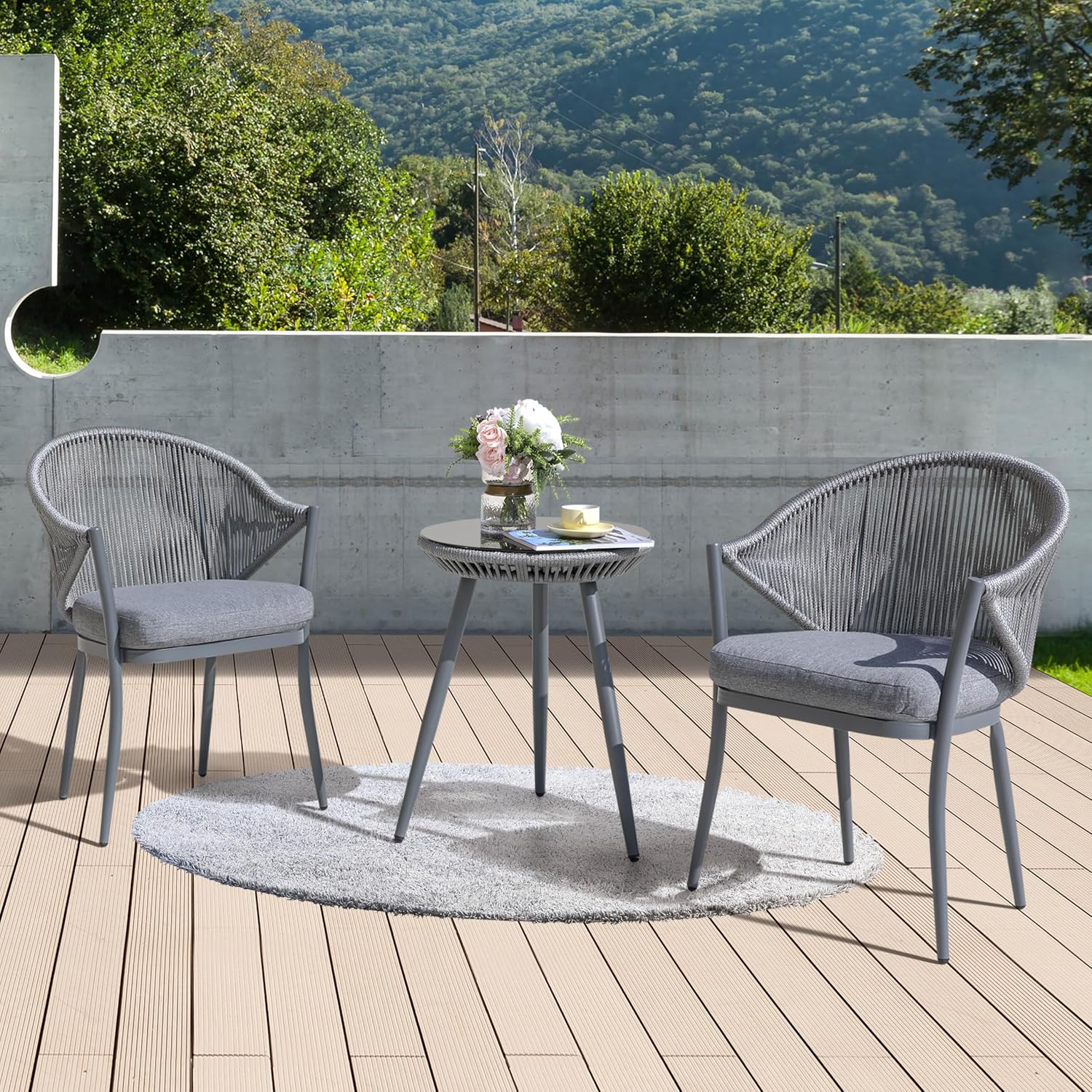NUU GARDEN 3 Piece Outdoor Bistro Set, Woven Rope Conversation Patio Set, All Weather Aluminum Patio Furniture Chairs and Table with Cushions for Garden, Deck, Backyard, Gray