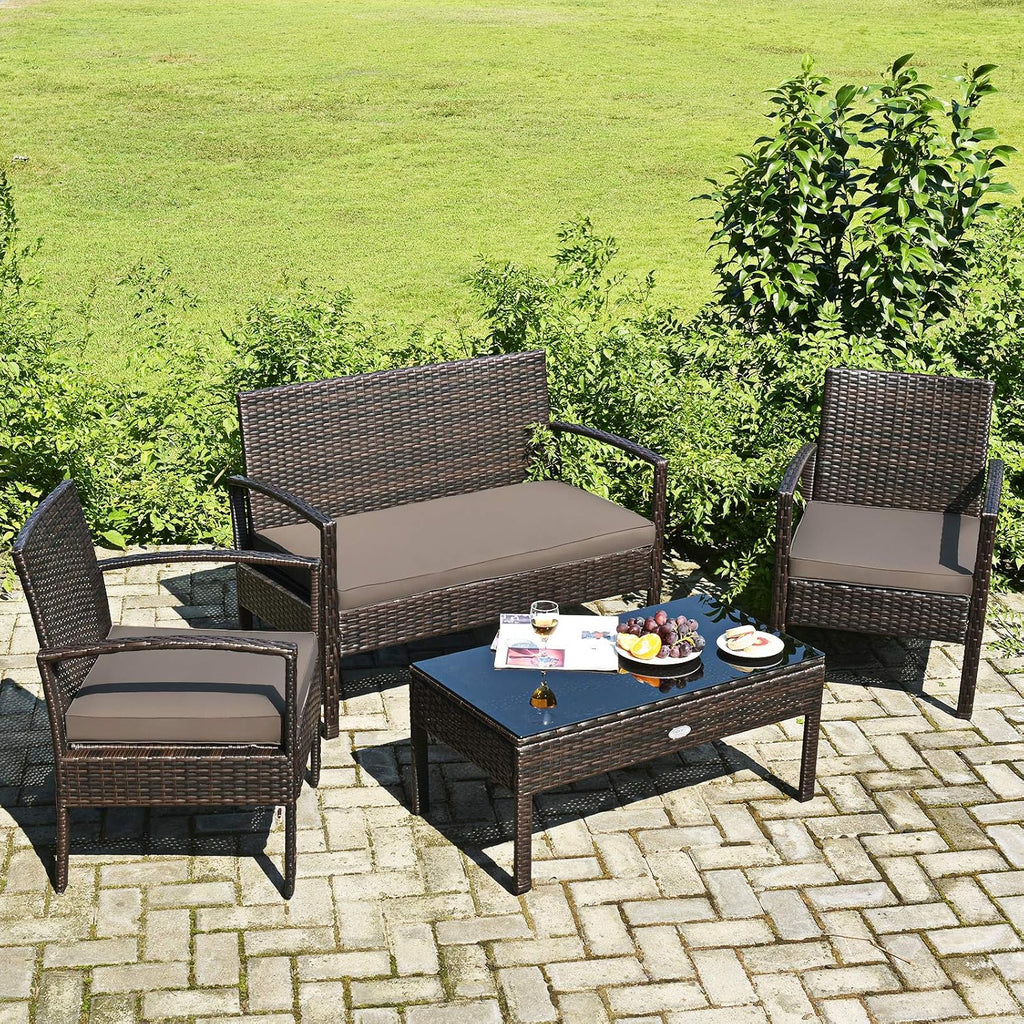 COSTWAY Outdoor Patio Furniture Set 4 Pieces, Wicker Conversation Set with Tempered Glass Topped Table, Seat Cushions, Rattan Chair Wicker Sofa for Backyard Balcony Porch Poolside