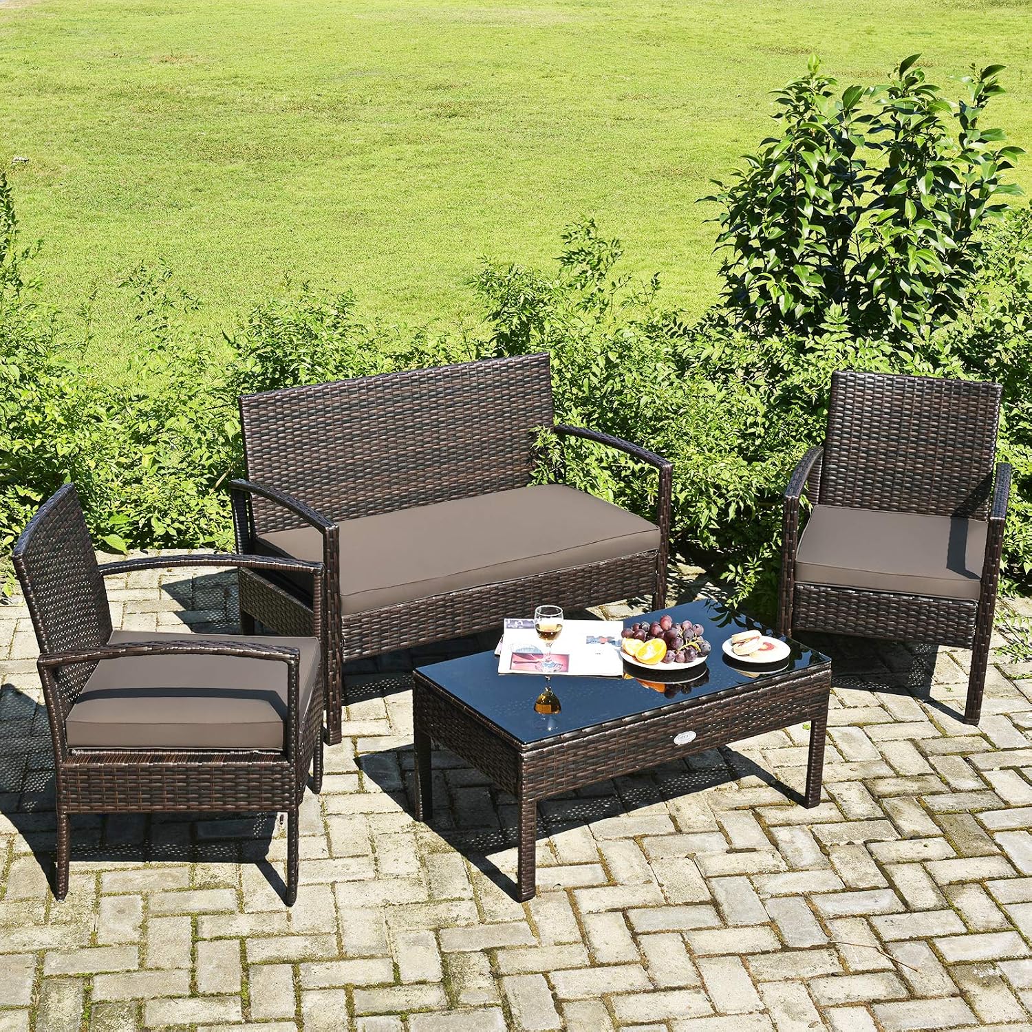 COSTWAY Outdoor Patio Furniture Set 4 Pieces, Wicker Conversation Set with Tempered Glass Topped Table, Seat Cushions, Rattan Chair Wicker Sofa for Backyard Balcony Porch Poolside