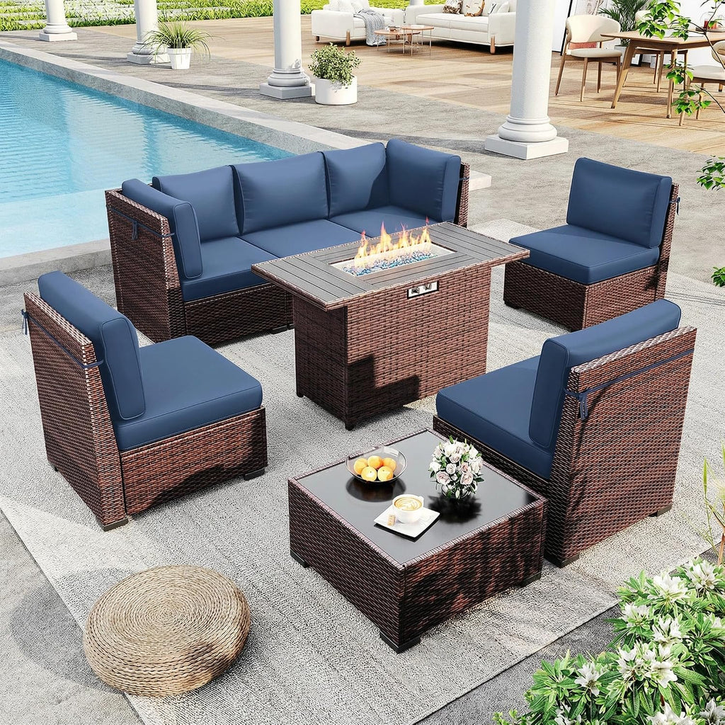 Outdoor Patio Furniture Set with 44' Fire Pit Table 8 Pieces Rattan Patio Sectional Sofa Conversation Set w/55000 BTU Propane Gas Fire Pit, Coffee Table, 2 Waterproof Covers, Blue