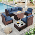 Outdoor Patio Furniture Set with 44' Fire Pit Table 8 Pieces Rattan Patio Sectional Sofa Conversation Set w/55000 BTU Propane Gas Fire Pit, Coffee Table, 2 Waterproof Covers, Blue