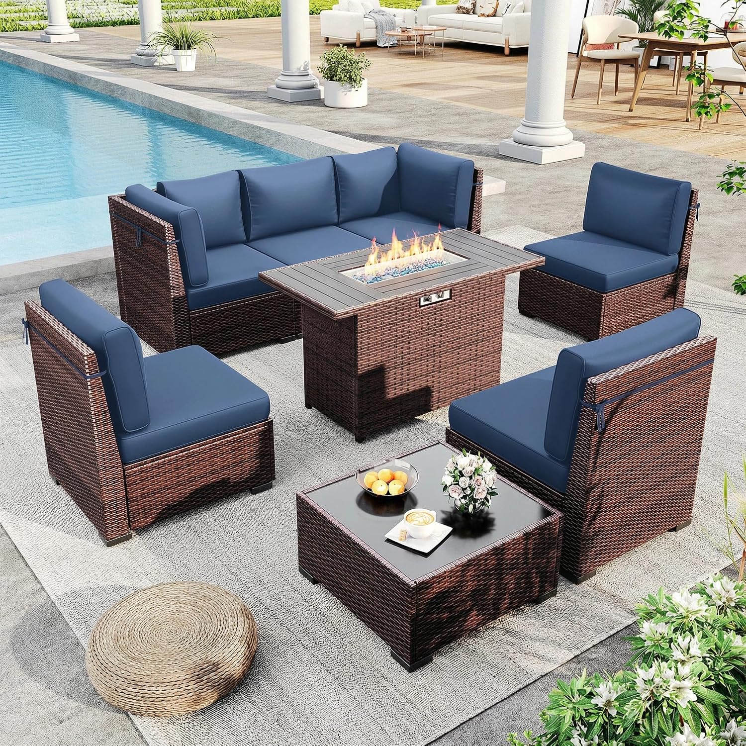 Outdoor Patio Furniture Set with 44' Fire Pit Table 8 Pieces Rattan Patio Sectional Sofa Conversation Set w/55000 BTU Propane Gas Fire Pit, Coffee Table, 2 Waterproof Covers, Blue