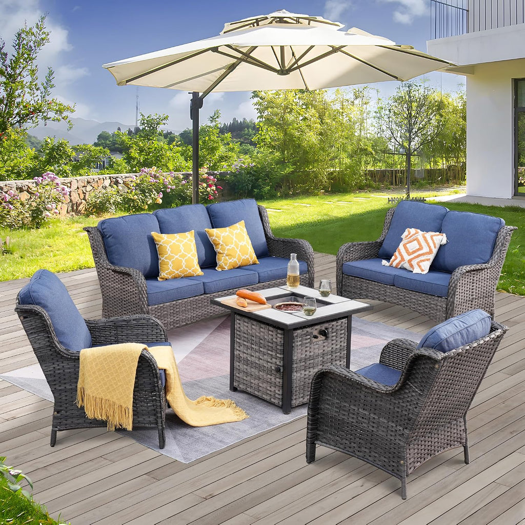 ovios 5 Pieces Patio Furniture Set with 30' Fire Pit Table, Outdoor Wicker Sofa with Loveseat, Comfy Cushions, High Back Couch Conversation Set, Grey Rattan, Denim Blue