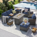 UDPATIO Patio Furniture Set with 44' Fire Pit Table, 6 Pieces Outdoor Sectional Conversation Sets, All-Weather Wicker Rattan Sofa Ottoman with 4' Thick Cushion for Garden Backyard Poolside, Navy Blue