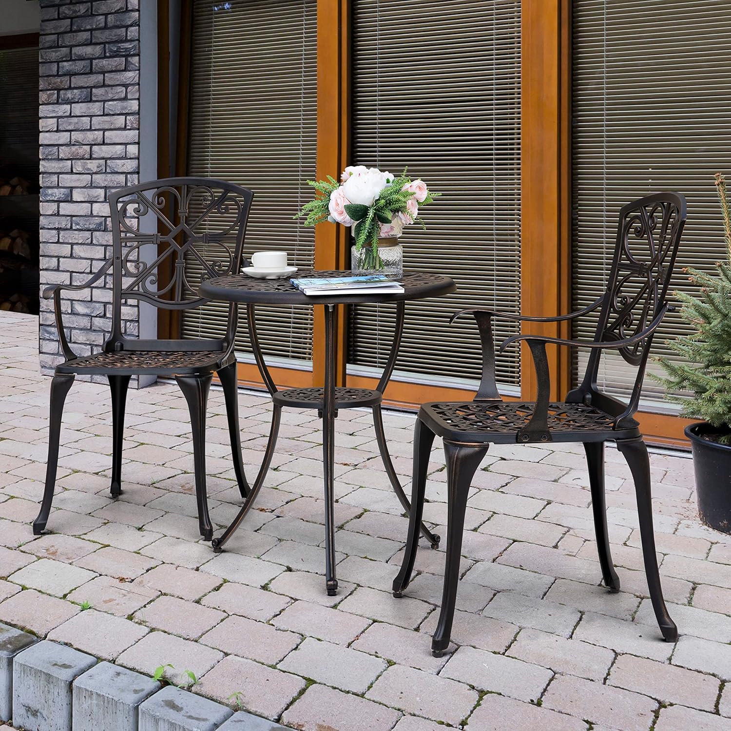 NUU GARDEN 3 Piece Outdoor Bistro Set Cast Aluminum Bistro Table Set Patio Table and Chairs with Umbrella Hole for Backyard, Balcony, Front Porch, Black