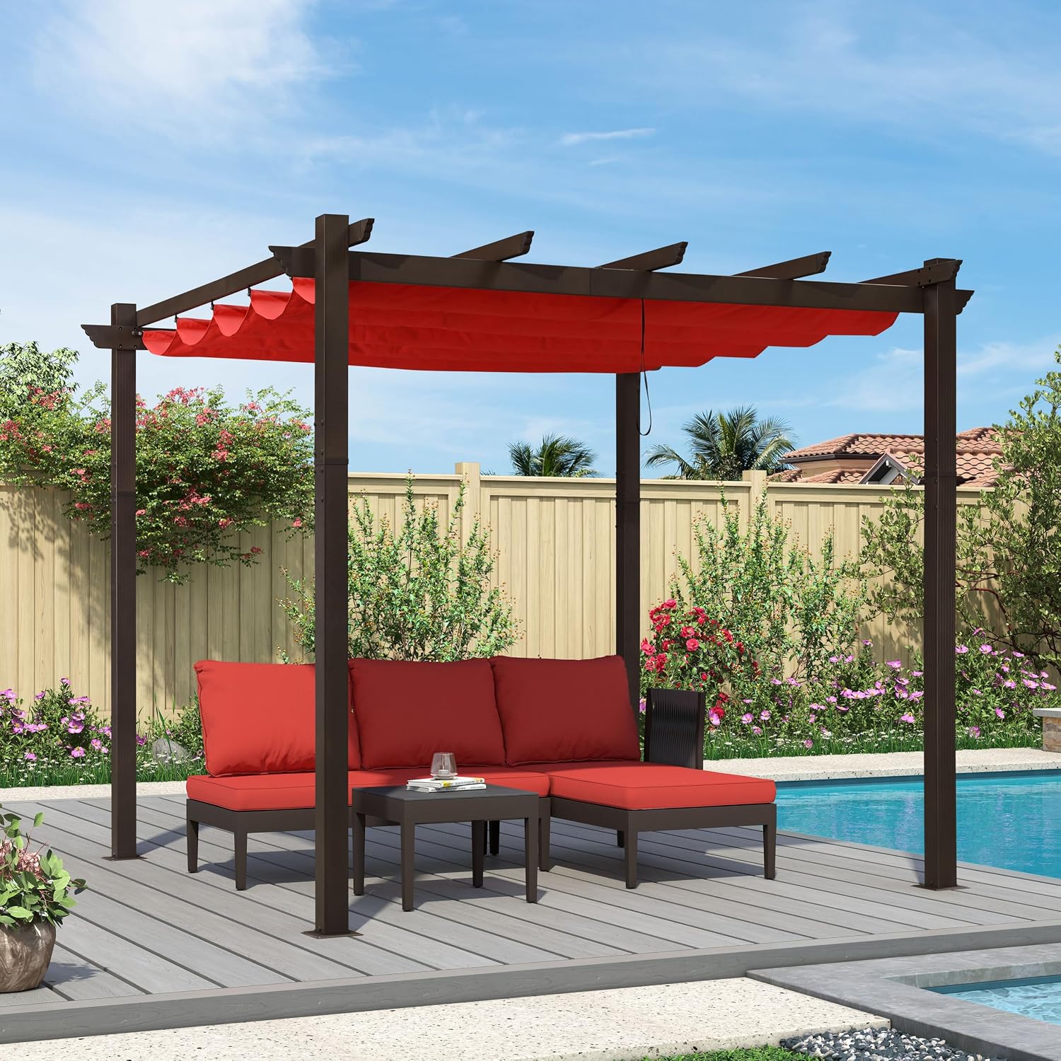 PURPLE LEAF 10' X 10' Retractable Metal Pergola with Canopy and Shade Cover for Garden, Yard, Deck, Beach, Terra