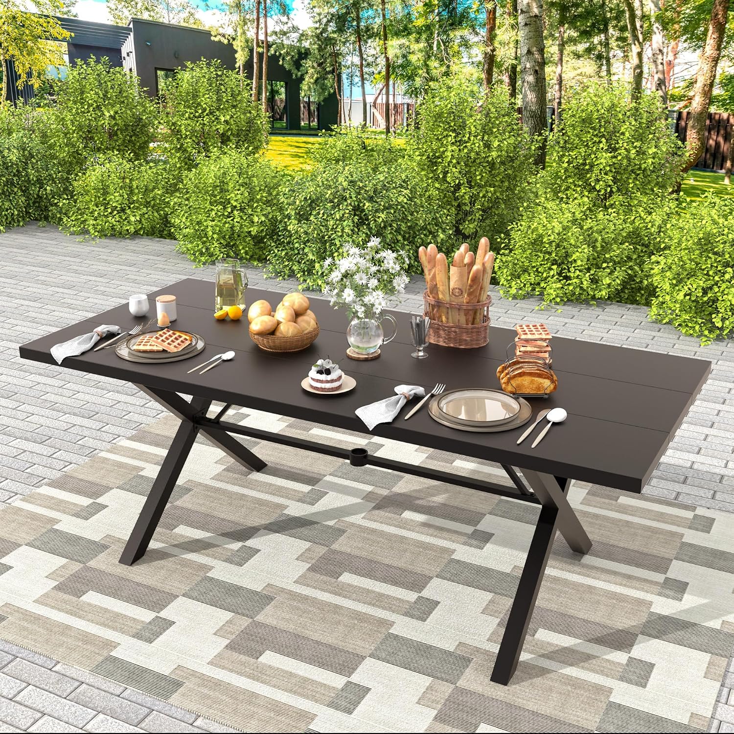 Gotland 7 Piece Outdoor Dining Set, Metal Outdoor Table and Swivel Chairs with X-Shaped Legs 1.5' Umbrella Hole, Patio Furniture Set with Waterproof Cushions, Patio Dining Sets for Backyard Deck Khaki