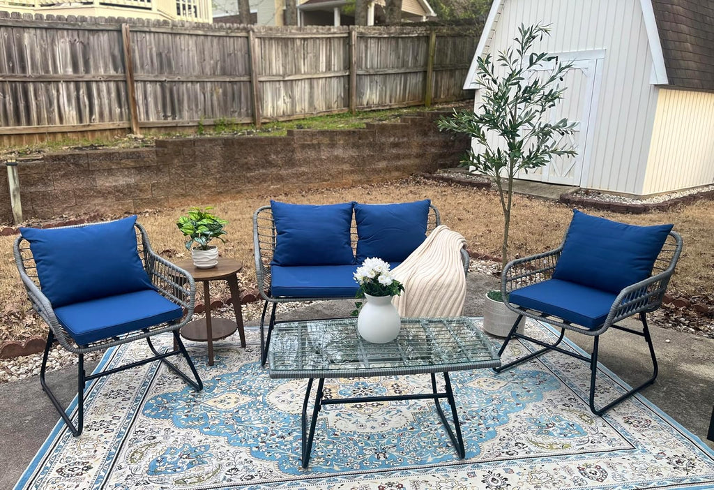YITAHOME 4-Piece Patio Furniture Set, Wicker Outdoor Bistro Set, All Weather Rattan Patio Conversation Set with Soft Cushions and Glass Side Table for Backyard, Balcony, Deck - Navy Blue