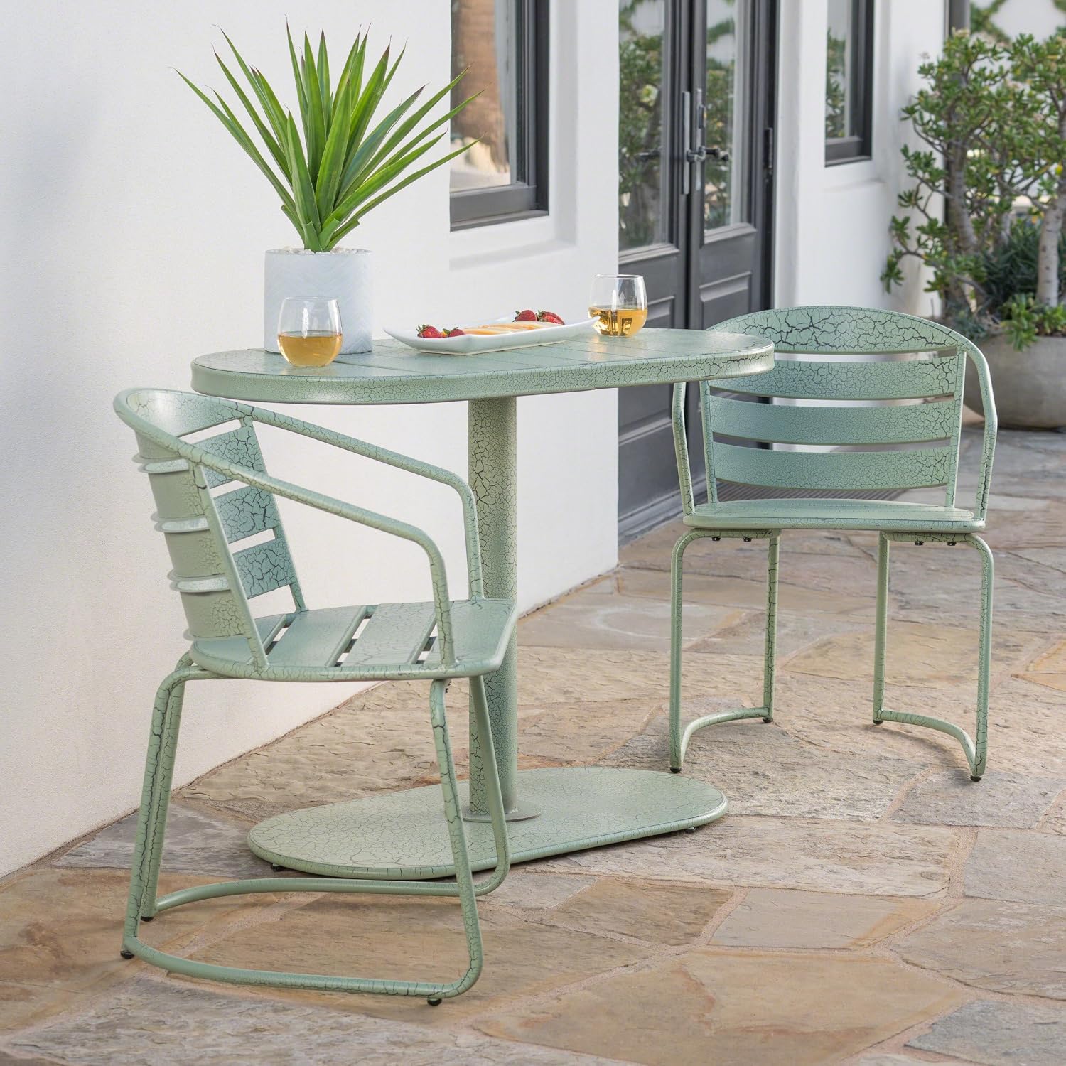 Christopher Knight Home Adley Outdoor Bistro Set, 3-Piece Bistro Table and Chair Set of 2, Patio Furniture Set with Iron Frame, Crackle Textures, Bistro Dining Set, Poolside/Garden Cafeteria, Green