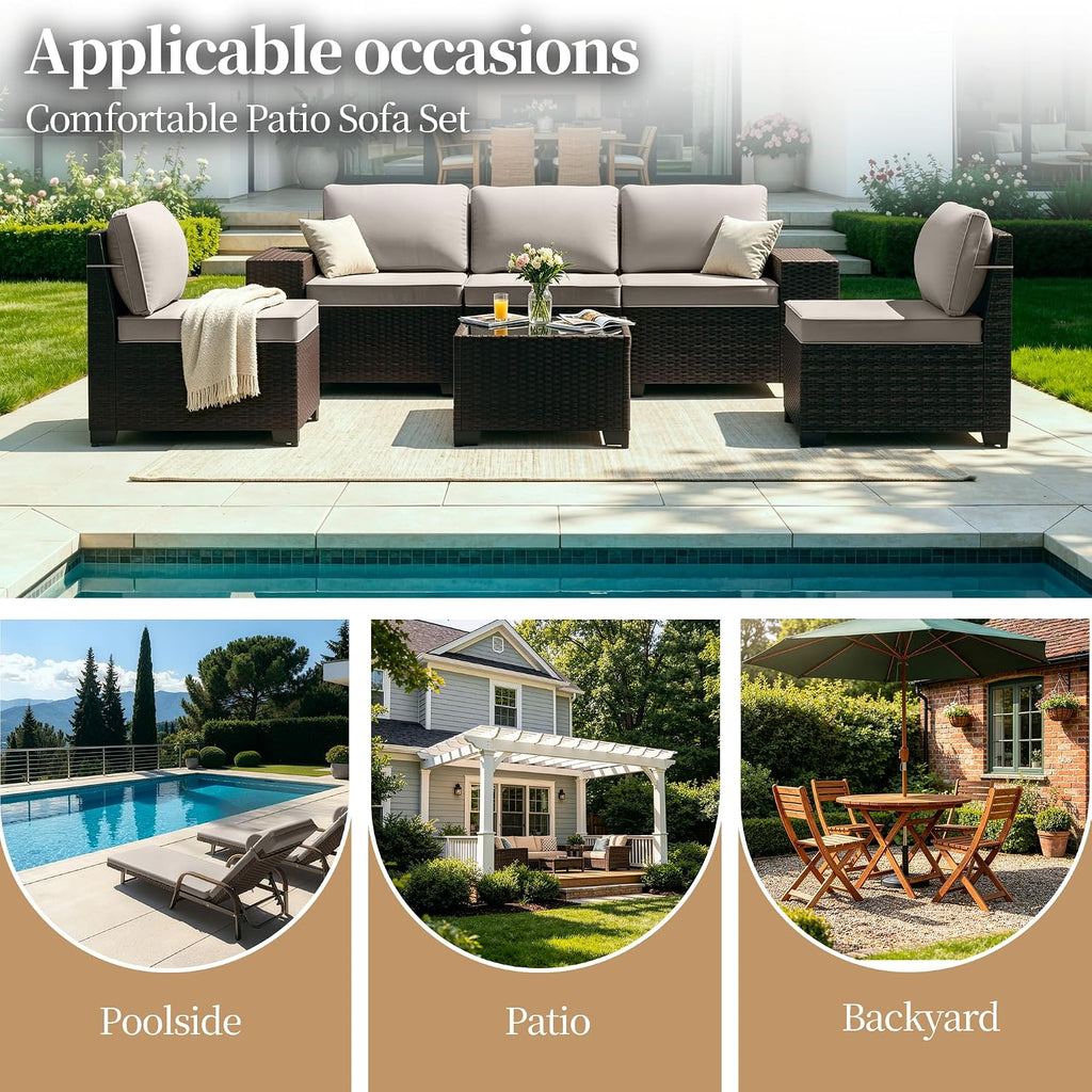 Patio Furniture Set 6 Pieces Outdoor Sectional Sofa Set,PE Rattan Wicker Patio Conversation Set with Thickened Cushions and Glass Coffee Table,Sand