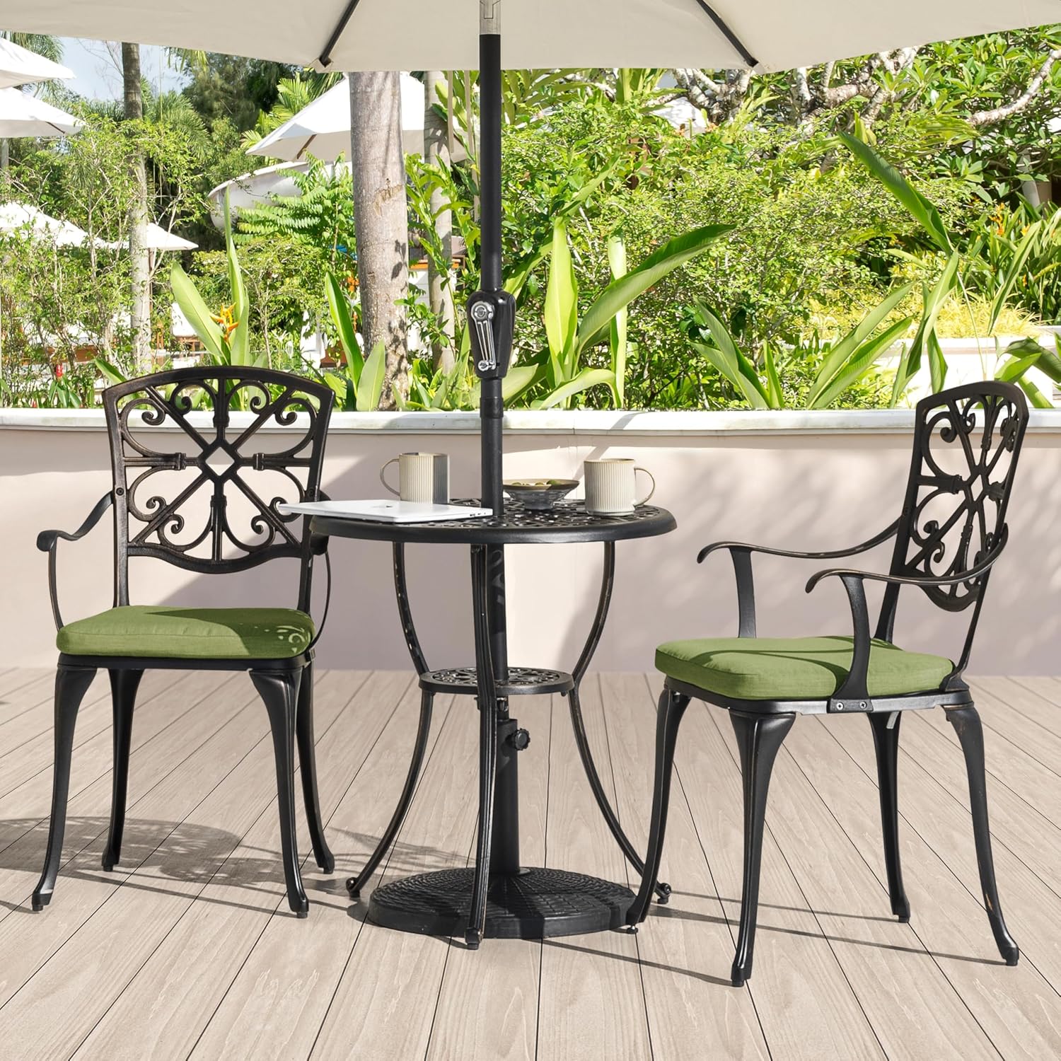 NUU GARDEN 3-Piece Outdoor Bistro Set with Cushions, Round 24 Inch Cast Aluminum Round Table with 1.77' Umbrella Hole and 2 Cast Aluminum Armchairs with Cushions, Black with Gold-Painted Edge