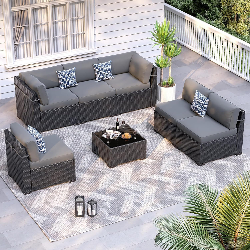Patio Furniture Sets, 7-Piece Outdoor Patio Furniture with Thick Cushions,Coffee Table Outdoor All-Weather Conversation Set Sectional Sofa for Backyard, Poolside, Garden(Grey)