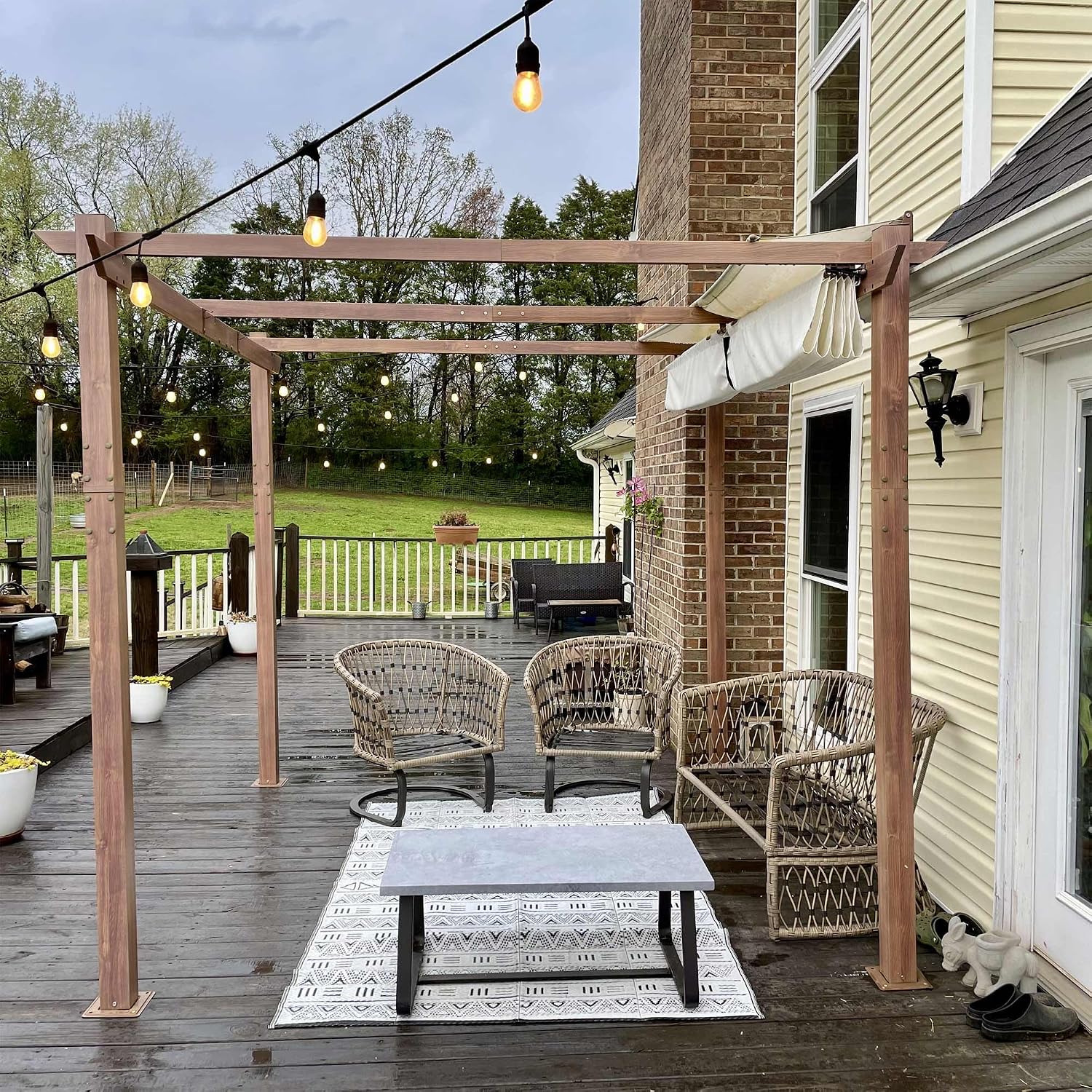 PURPLE LEAF 10' x 10' Outdoor Retractable Pergola with Sun Shade Canopy Patio Metal Shelter for Garden Porch Pavilion Natural Wood Grain Frame Aluminum Gazebo Modern Backyard Grill Pergola White
