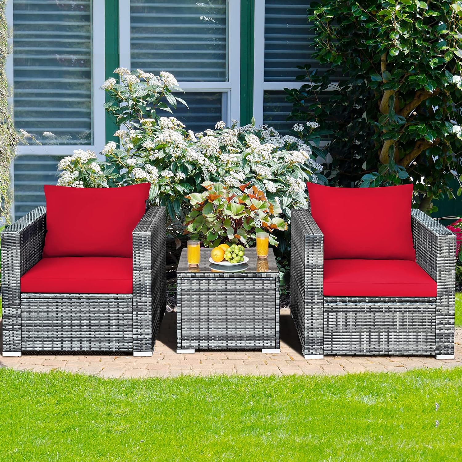 HAPPYGRILL 3-Piece Patio Conversation Set Outdoor Rattan Wicker Sofa Set with Coffee Table Patio Furniture Set with Soft Cushions for Balcony Porch Backyard Garden
