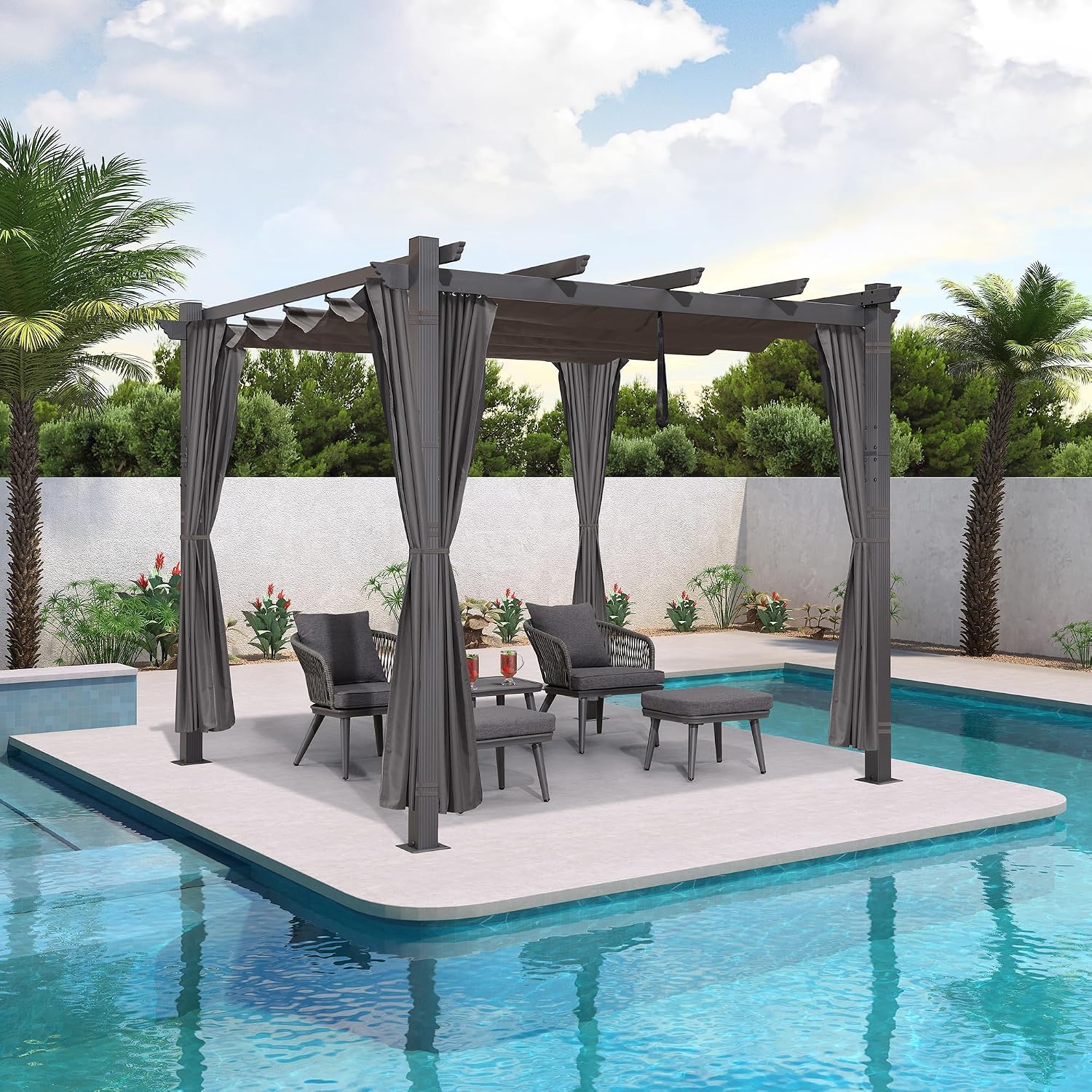 PURPLE LEAF 10' X 10' Outdoor Pergola with 4-Sided Curtains Retractable Canopy Patio Aluminum Sun Shade for Garden Deck Porch Gazebo Pavilion Grill Modern Yard Grape Trellis Pergola Gray