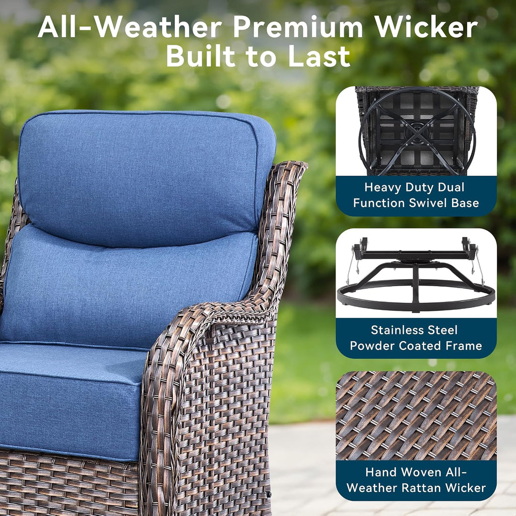 Luxury High Back Outdoor Swivel Rocker Patio Chairs with Side Table & 6-Inch Thick Cushions, 3 Pieces Patio Furniture Set for Porch, Balcony, Deck and Yard