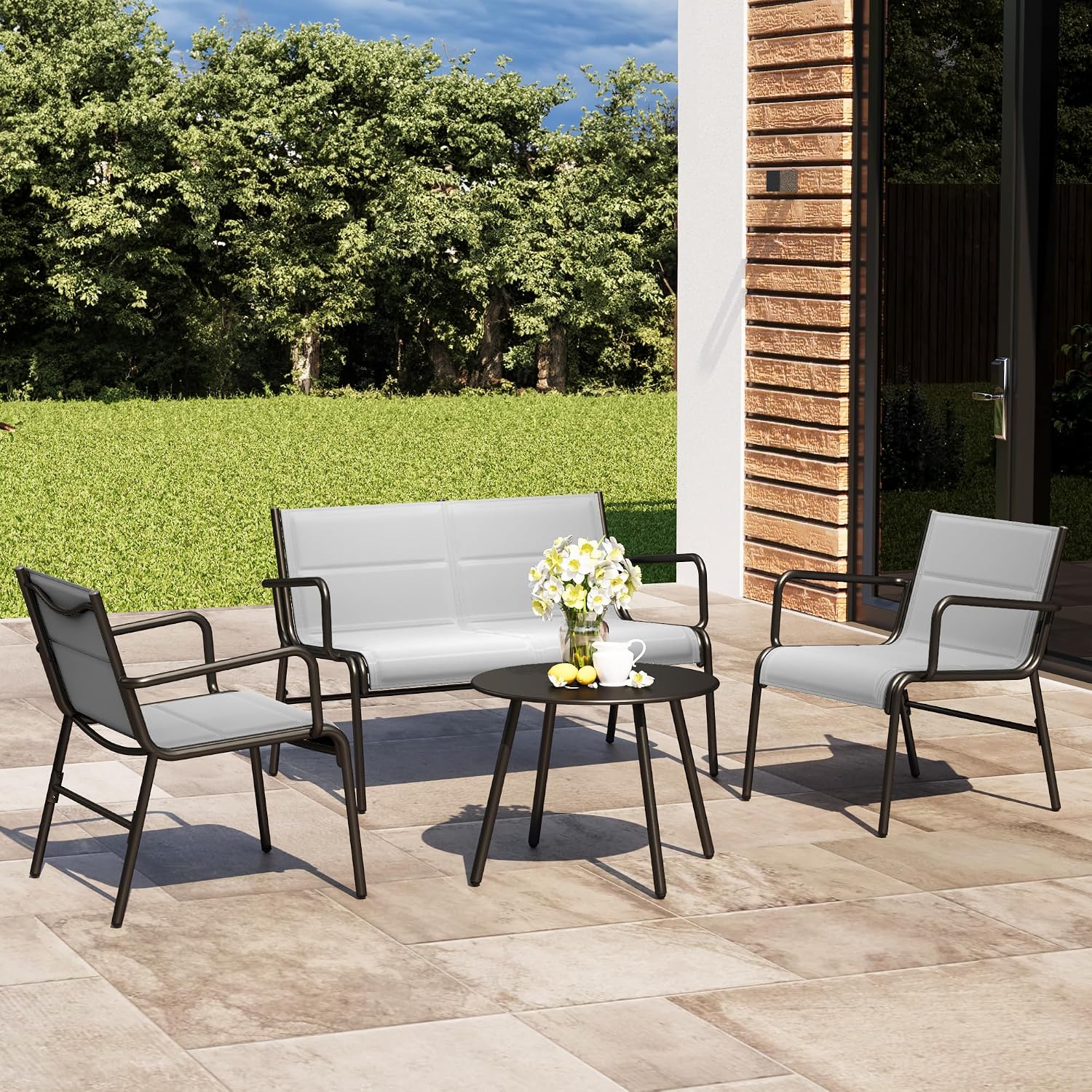 East Oak 4 Seats Outdoor Furniture Set, Waterproof Patio Furniture Set, Patio Loveseat with Coffee Table for Garden or Porch, 4-Piece Patio Conversation Sets for Balcony in Grey