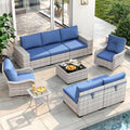 9 Piece Outdoor Patio Furniture Set with Swivel Chairs, 7-Seats Wicker Sectional Sofa Set with Thickened Cushions & Coffee Table for Garden, Backyard, Porch, Blue