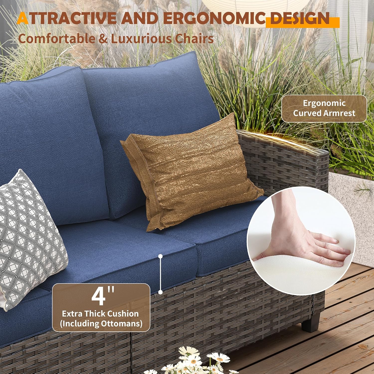 UDPATIO Outdoor Patio Furniture Set with 44' Fire Pit Table, 8 Pieces Sectional Conversation Sets, All-Weather Wicker Rattan Sofa Ottoman with 4' Thick Cushion for Garden Backyard Deck, Navy Blue