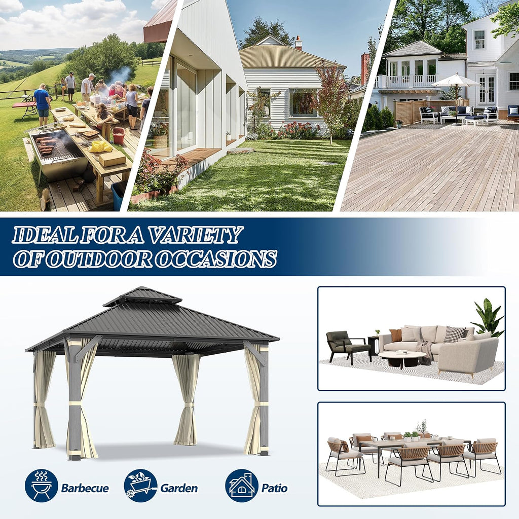 COVERONICS 12'x12' Outdoor Wood Gazebo - Hardtop Wooden Gazebo with Galvanized Steel Roof, Heavy-Duty Pavilion with Netting & Curtains for Garden, Poolside, Deck, Backyard