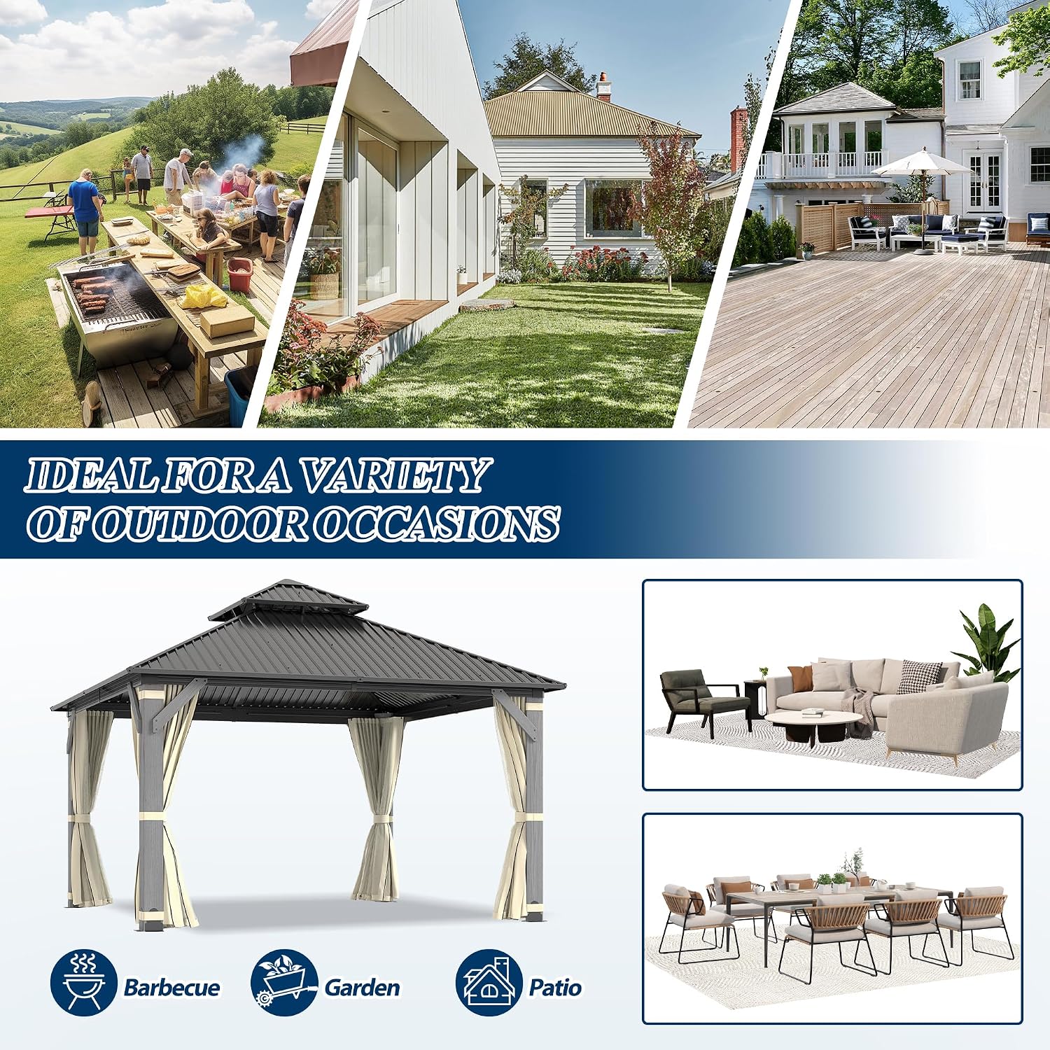 COVERONICS 12'x12' Outdoor Wood Gazebo - Hardtop Wooden Gazebo with Galvanized Steel Roof, Heavy-Duty Pavilion with Netting & Curtains for Garden, Poolside, Deck, Backyard