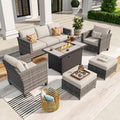 ovios 6 Pieces Patio Furniture Set with Fire Pit Table, Outdoor Wicker 3-Seat Sofa with Comfy Cushion, High Back Rattan Conversation Set for Deck Porch, Beige