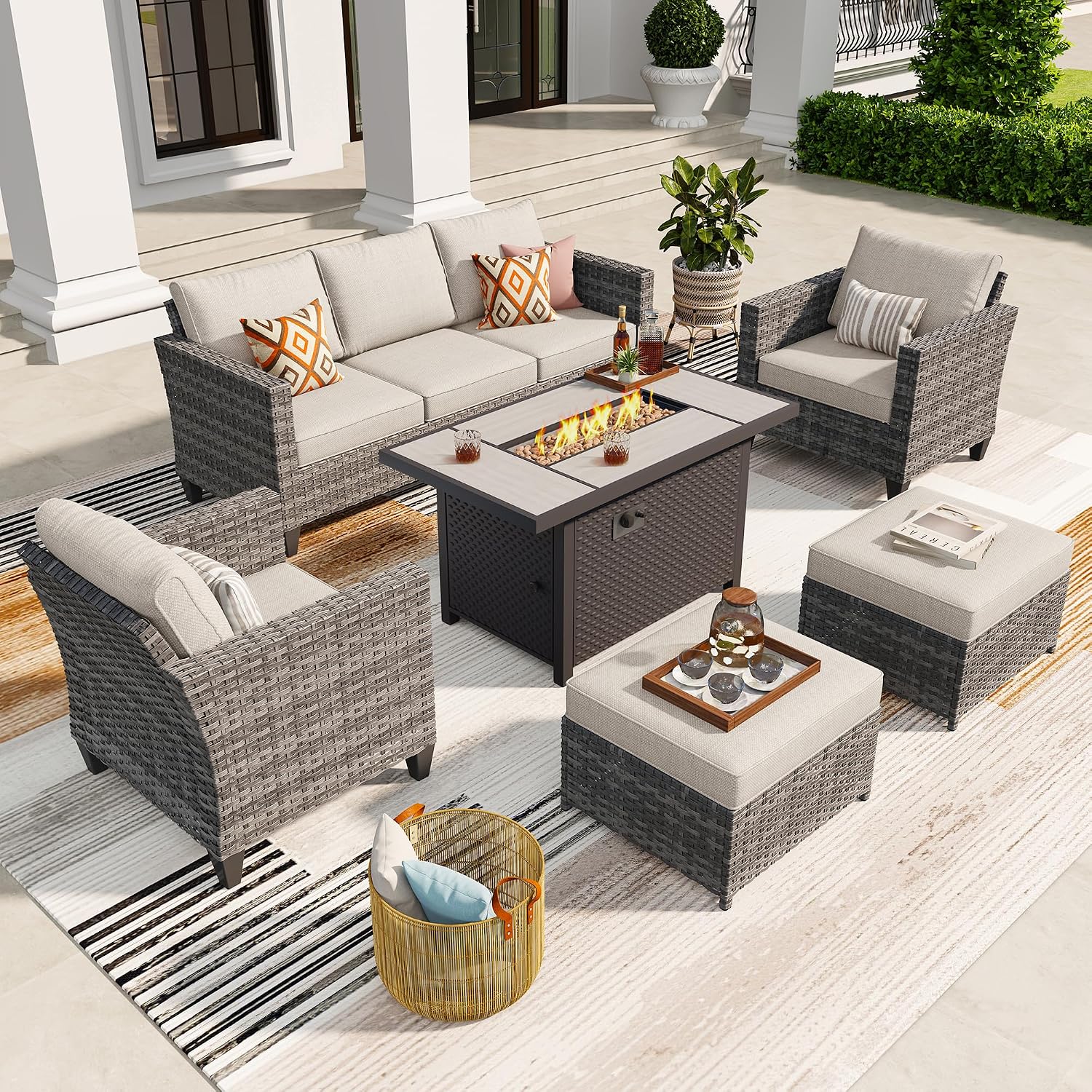 ovios 6 Pieces Patio Furniture Set with Fire Pit Table, Outdoor Wicker 3-Seat Sofa with Comfy Cushion, High Back Rattan Conversation Set for Deck Porch, Beige