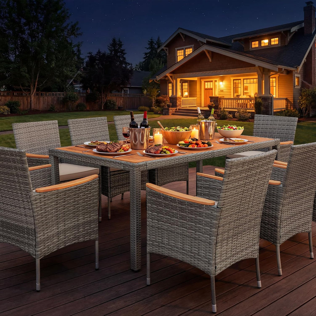 Devoko Outdoor Patio Dining Sets 9 Pieces Wicker Outdoor Dining Table and Chairs Set with Acacia Wood Table Top and Widened Armrests for Backyard, Garden, Deck (Grey)