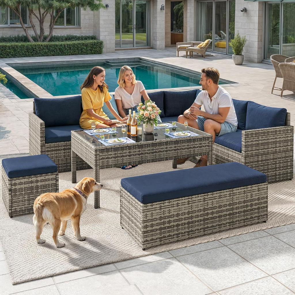 YITAHOME L-Shaped Patio Furniture Set, All Weather Wicker Outdoor Sectional Sofa Conversation Set with Dining Table and Ottoman, Navy Blue
