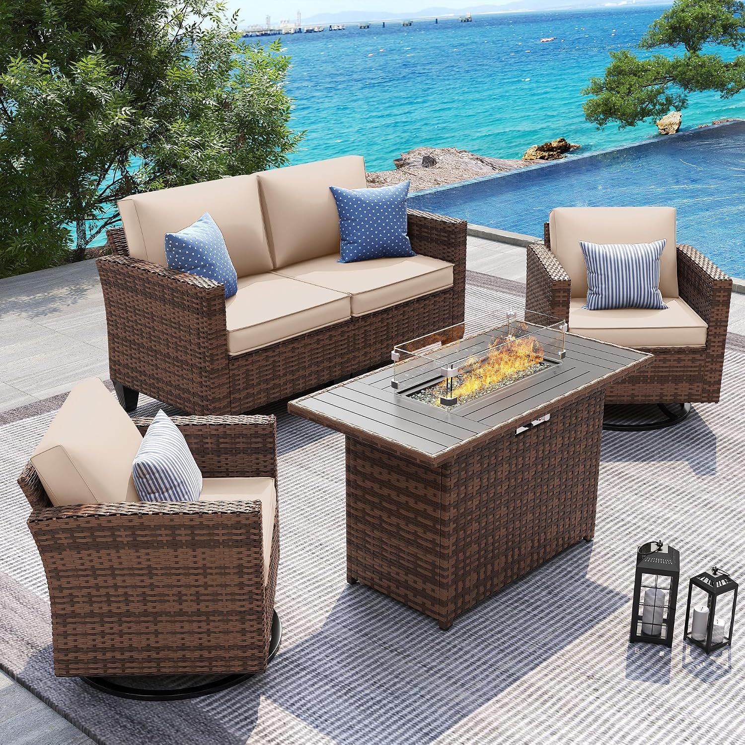 UDPATIO 5 Pieces Patio Furniture Set with Fire Pit Table, Outdoor Conversation Set with Rocking Swivel Chairs, Wicker Furniture Set with Waterproof Cover, 4'' Thickened Cushion, Khaki