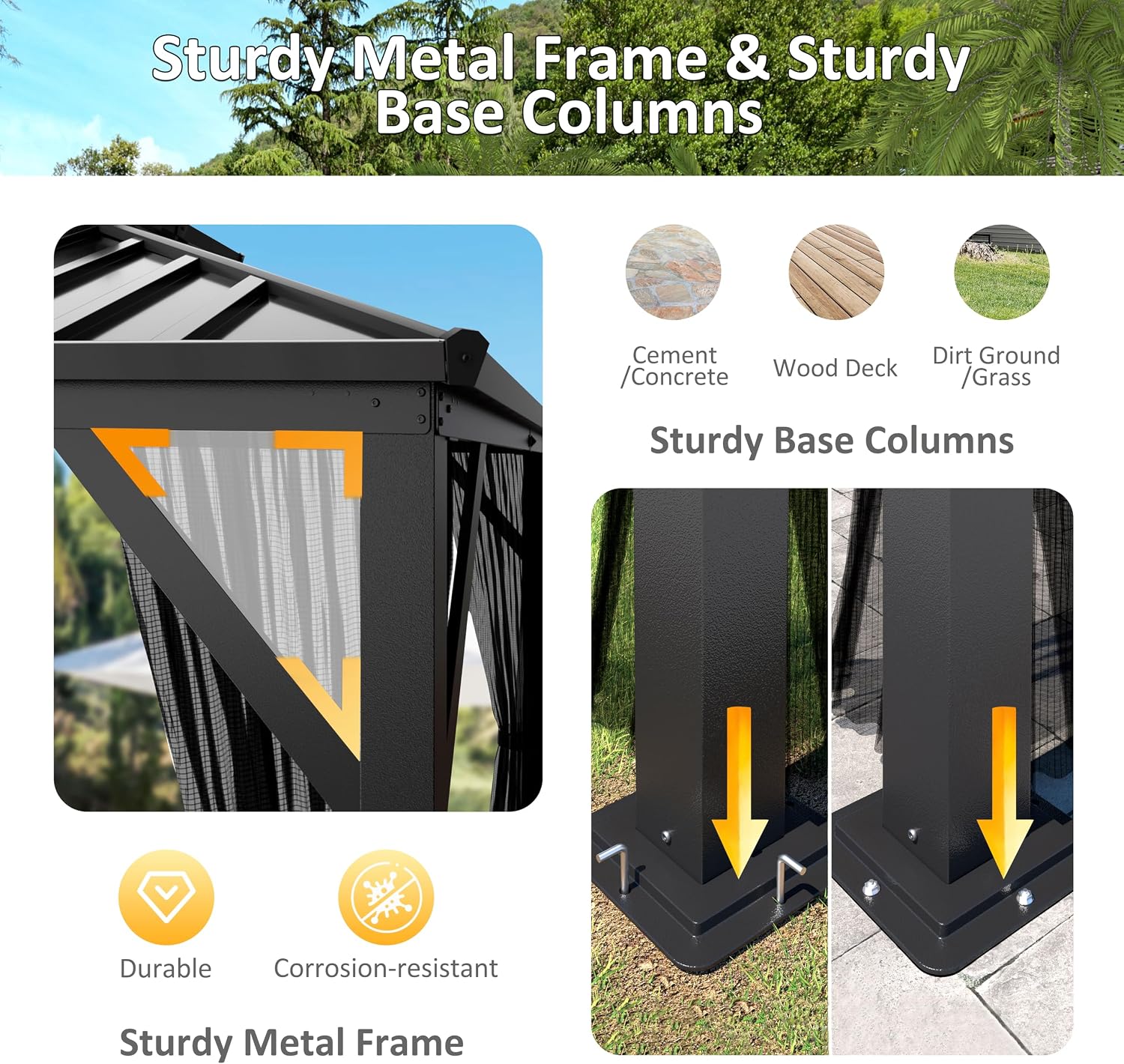 Yardenaler 10x12 FT Hardtop Gazebo Canopy with Double Galvanized Steel Roof, Permanent Outdoor Pavilion with Mesh Netting for Patio, Backyard, Garden, Black