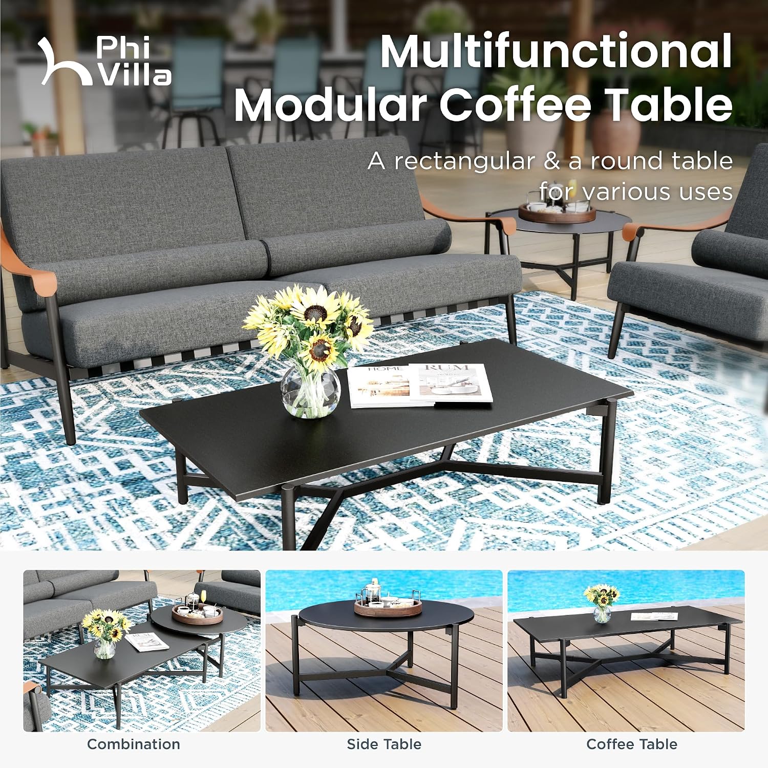 PHI VILLA Modern Outdoor Patio Furniture Set,Deep&Wide Seat with Extra Thick 6.3' Cushions Metal Outdoor Conversation Set(Backyard ICON Collection)