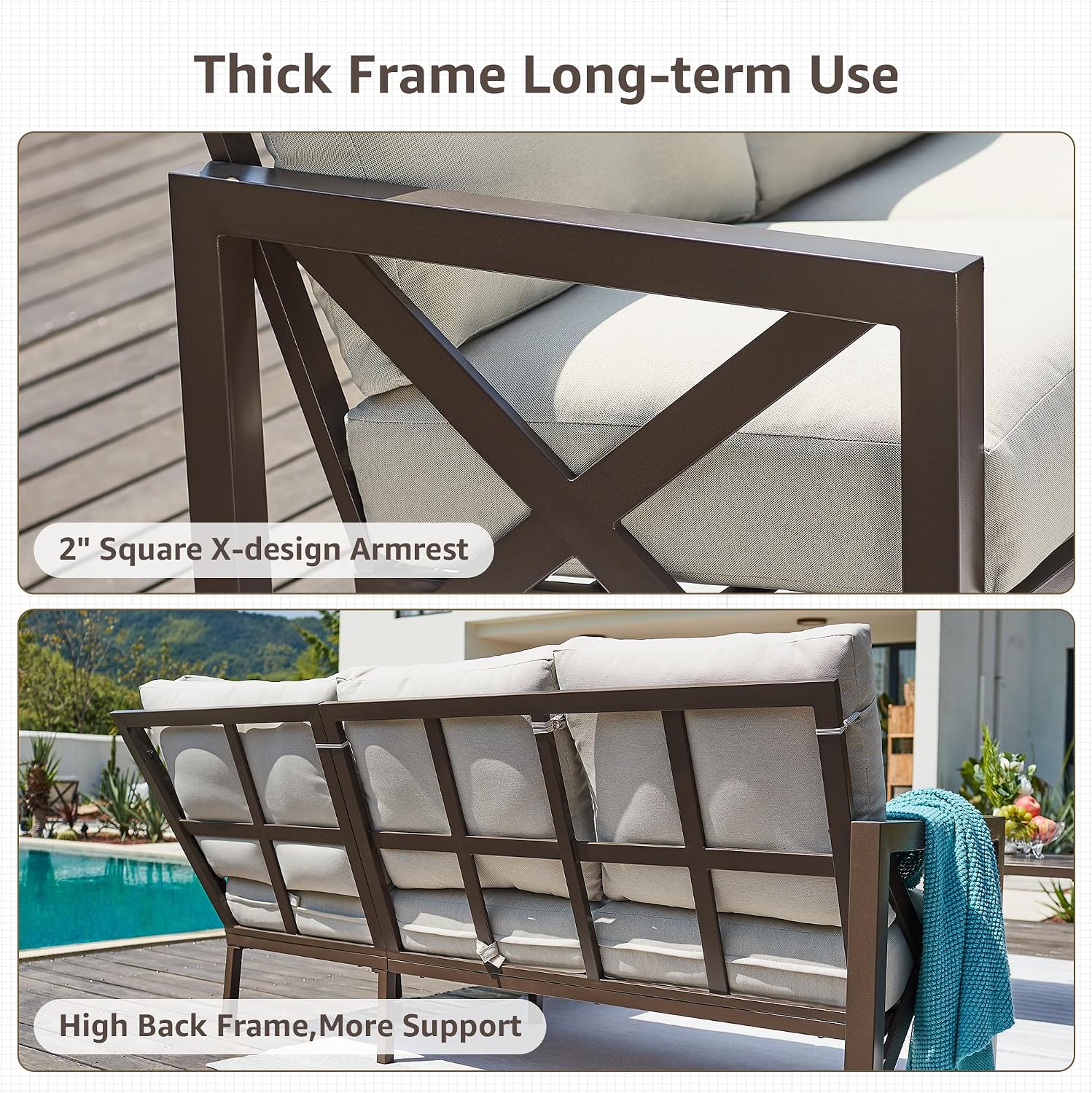 NATURAL EXPRESSIONS 6 Pieces Patio Furniture Sets, Metal Outdoor Sectional Furniture L Shape Patio Conversation Sets,Highback Frame,Metal Table,Large Waterproof Cover, 6.5' Olefin Cushions