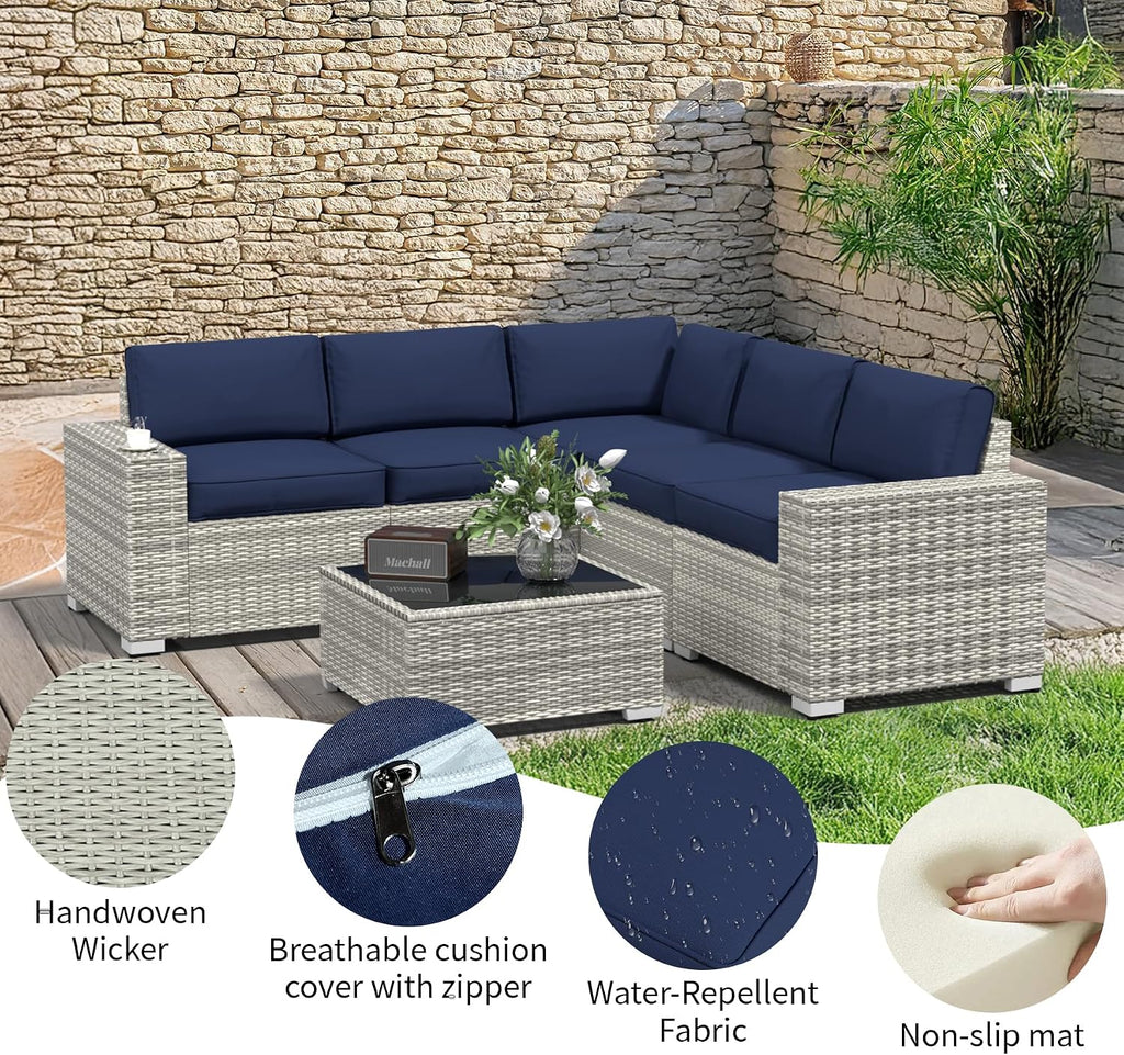 SHGJ&SOFT 6pcs Outdoor Patio Furniture Set, Waterproof Wicker Outdoor Sectional Couch with Thick Cushions, All-Weather Rattan Sectional Sofa