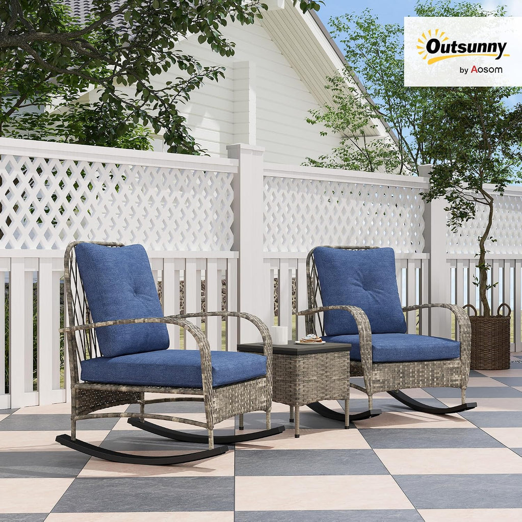 Outsunny 3 Piece Wicker Patio Furniture Set, PE Rattan Rocking Chairs with Coffee Table, Cushions, Outdoor Bistro Set for Porch, Garden, Poolside, Gray