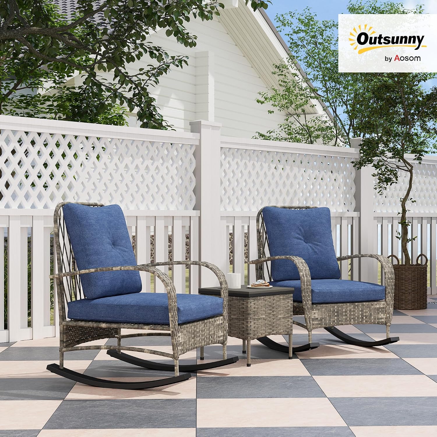 Outsunny 3 Piece Wicker Patio Furniture Set, PE Rattan Rocking Chairs with Coffee Table, Cushions, Outdoor Bistro Set for Porch, Garden, Poolside, Gray