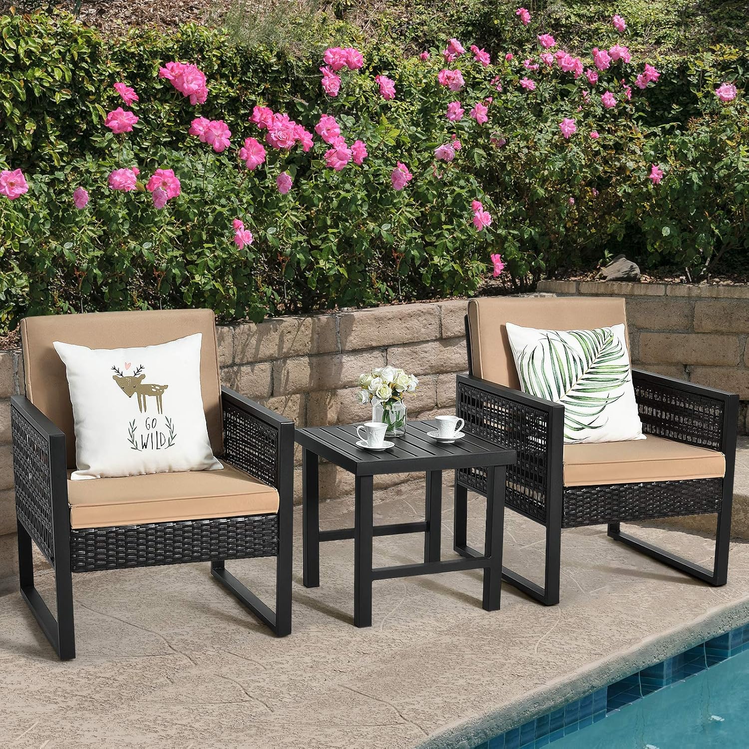 Tangkula 3 Piece Patio Wicker Bistro Set, Outdoor Rattan Sofa, Conversation Furniture w/Coffee Table, Seat and Back Cushions, Garden, Backyard, Balcony, Poolside