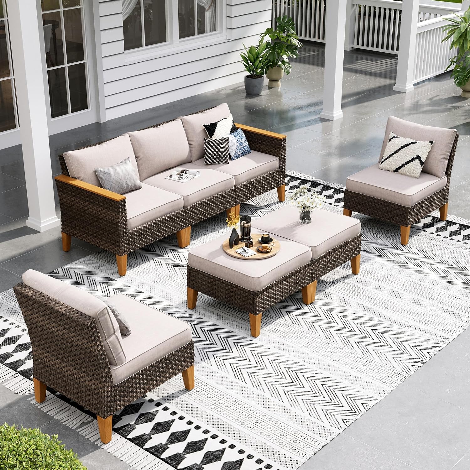 Sophia & William 7 Piece Patio Furniture Sets, Sectional Outdoor Rattan Wicker Sofa, All Weather Patio Conversation Set for Deck Backyard Lawn, Outdoor Couch, Beige