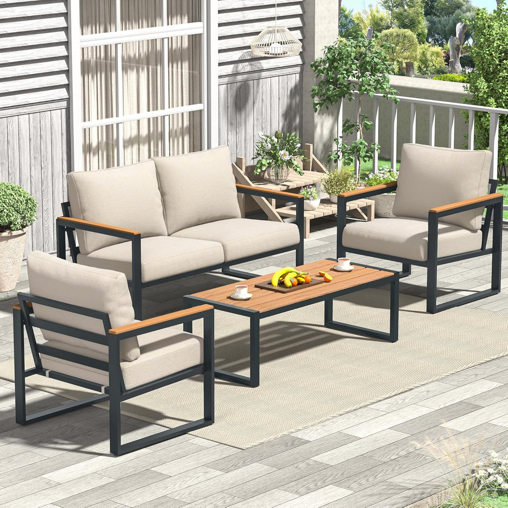 Patio Furniture Set, 4 Pieces Outdoor Patio Furniture with Coffee Table Set, Metal Patio Conversation Sets with Washable and High-Resiliency Sponge Cushions, Upgarded Beige
