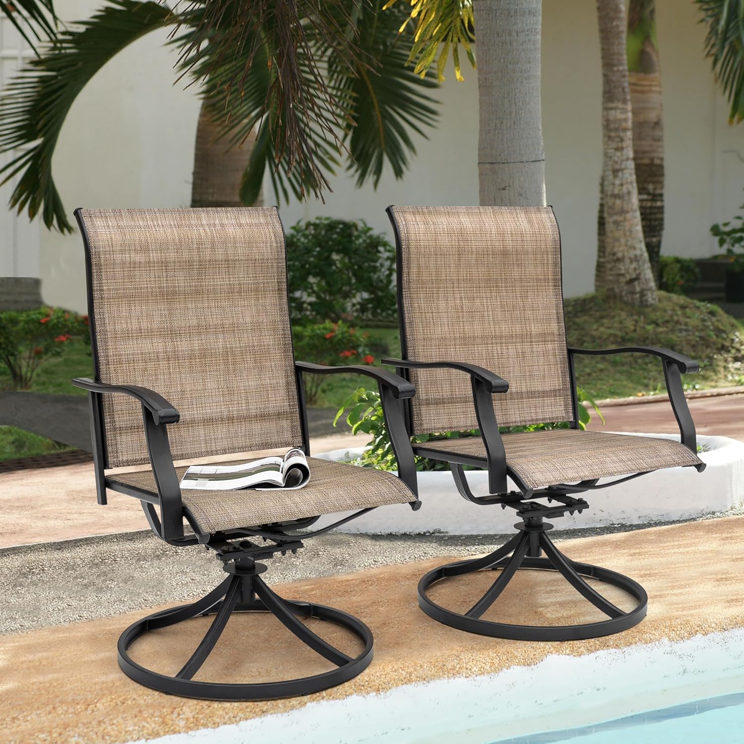 NUU GARDEN Patio Dining Chairs Set of 4, Swivel Patio Sling Chairs Set of 2 All-Weather Textilene Outdoor Chairs with Iron Frame for Outdoor Lawn Garden Backyard, Brown