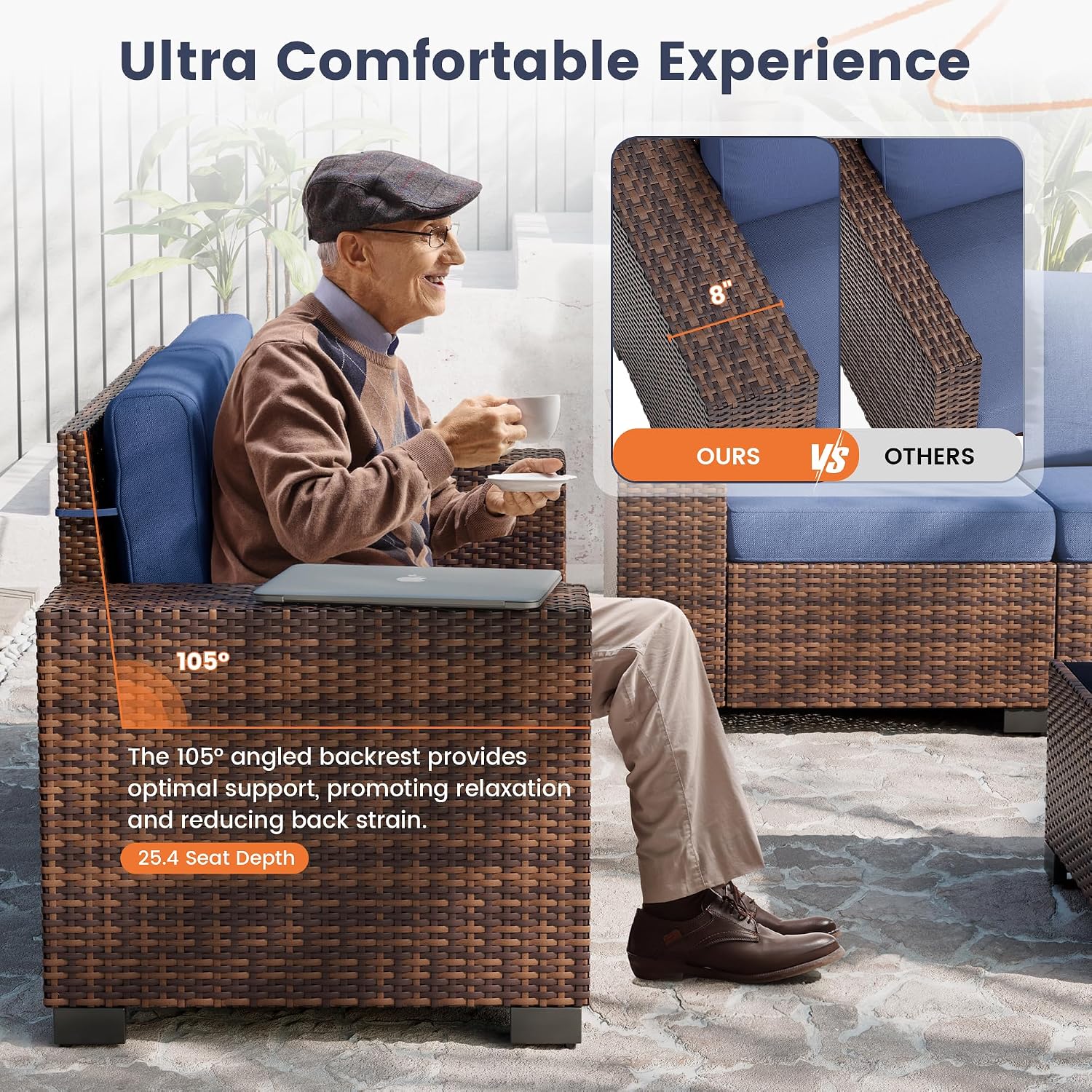 UDPATIO Furniture Set with Fire Pit Table, 8 Inch Wide Armrest 7 Piece Sectional Sofas, All-Weather Wicker Conversation for Garden, Backyard, Blue