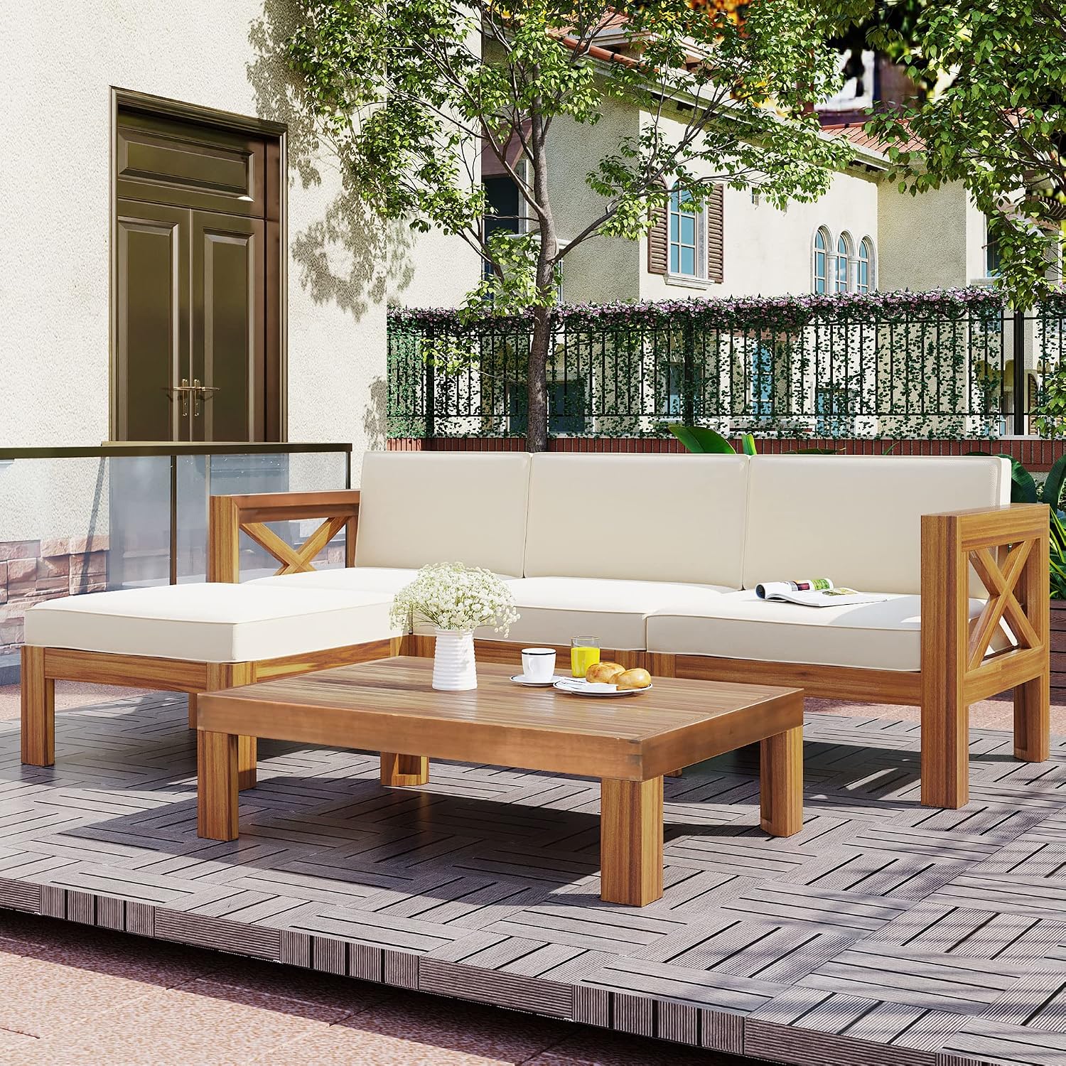 Upgrade Acacia Wood Outdoor Patio Sectional Sofa Set, 5-Piece All-Weather Conversation Sofa Set with Cushions and Side Coffee Table for Balcony Garden Backyard Poolside (Beige-UP)
