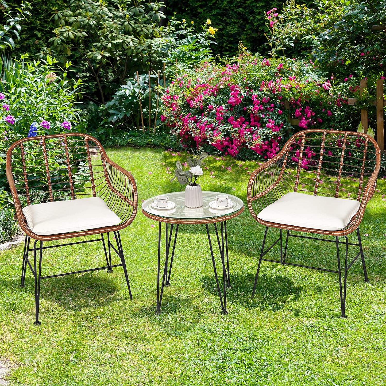 Tangkula 3 Pieces Patio Conversation Bistro Set, Outdoor Wicker Furniture w/Round Tempered Glass Top Table & 2 Rattan Armchairs, Bistro Chat Set w/Seat Cushions for Porch, Backyard, Garden