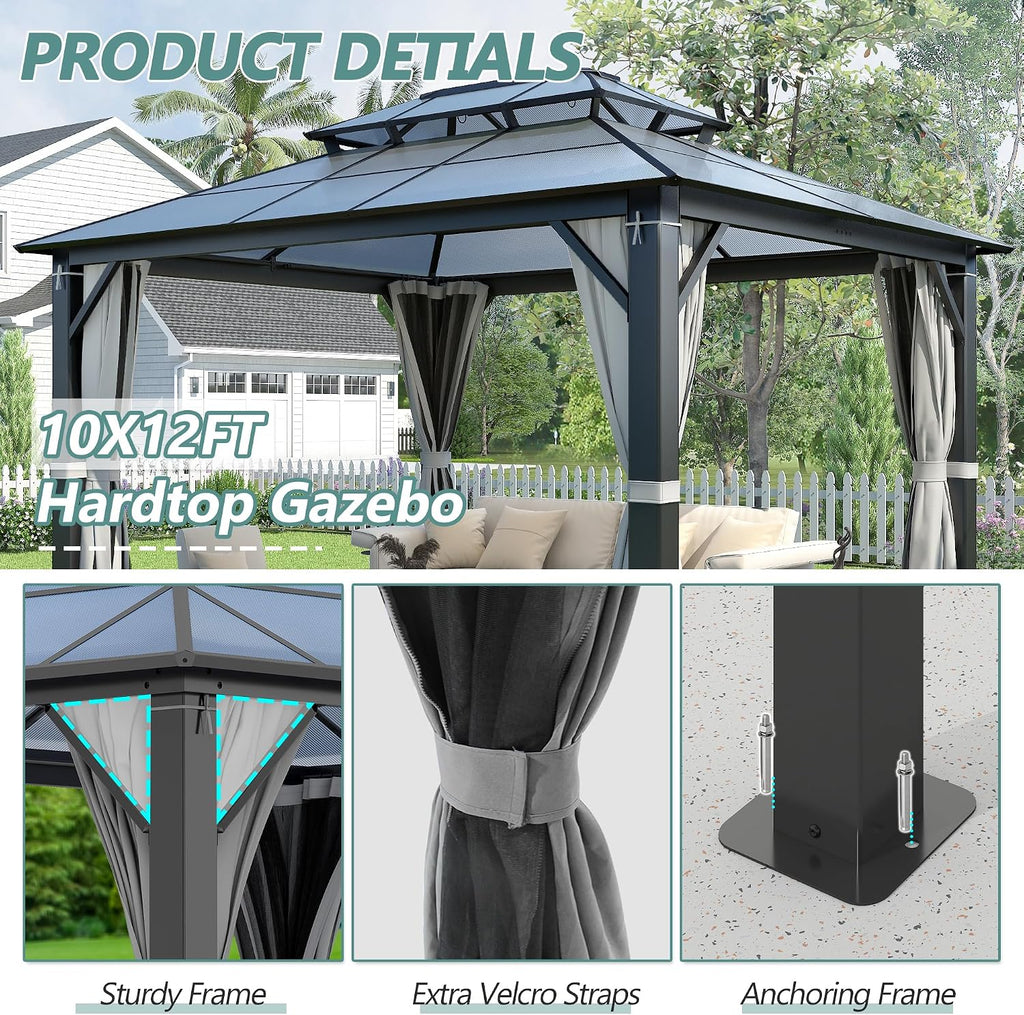 10'x12' Hardtop Gazebo, Outdoor Polycarbonate Gazebo with Netting & Shaded Curtains, Aluminum Frame Heavy Duty Gazebo for Patio, Backyard, Deck and Lawn