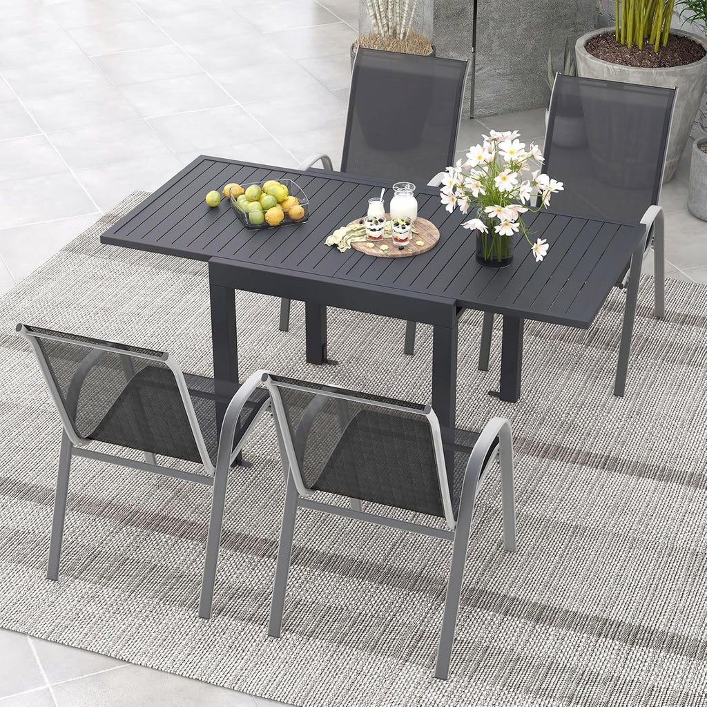 Tangkula 5 Piece Patio Dining Set for 4, Patio Furniture Set with Extendable Aluminum Table & 4 Metal Stackable Chairs, Outdoor Table and Chairs Set for Backyard Garden Deck