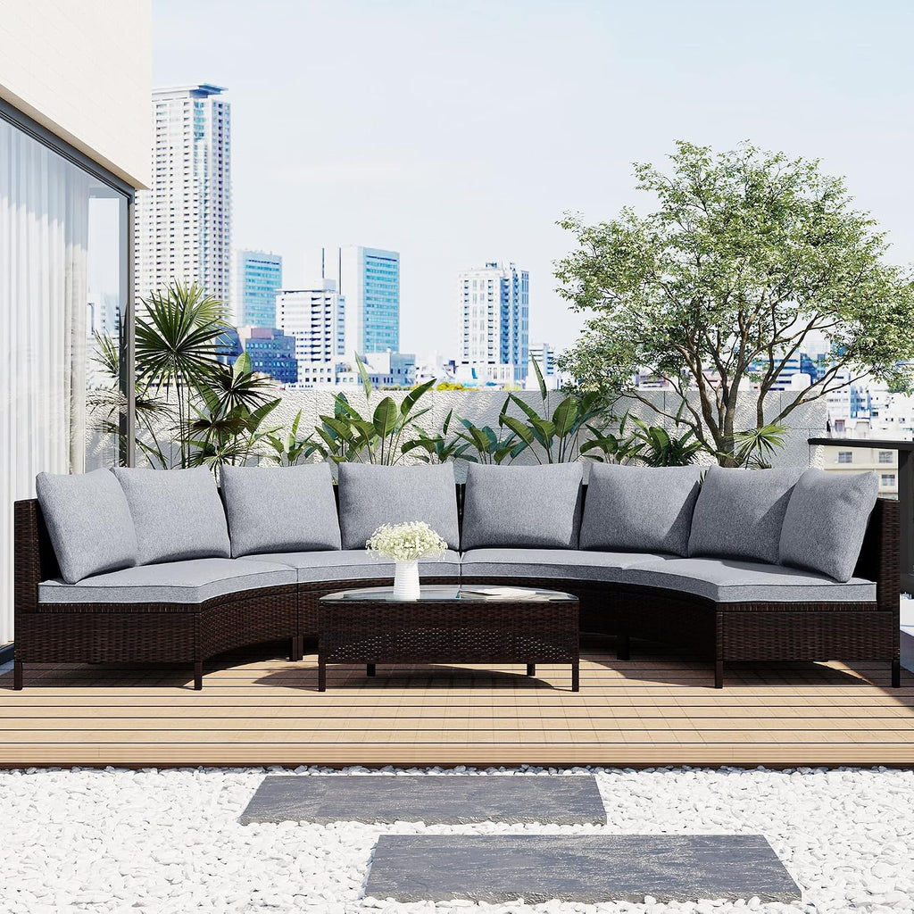 Merax 5-Piece Outdoor Sectional Sofa Set, All-Weather PE Wicker Patio Furniture with Tempered Glass Table, Half-Moon Conversation Set for Garden, Deck, Backyard Living Area,Grey