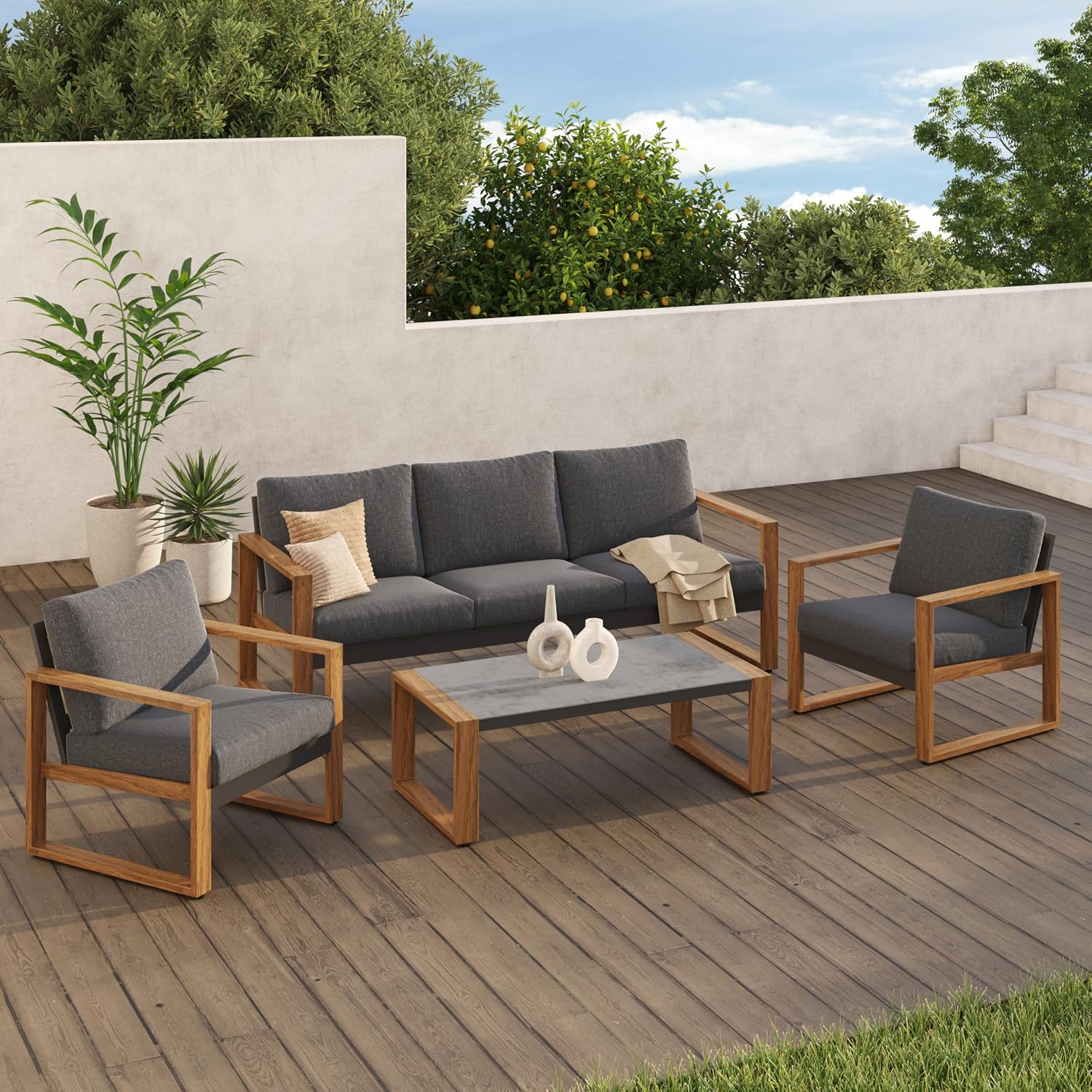 Grand patio Outdoor Furniture Set for 5, 4-Piece Aluminum Patio Conversation Set with Cushions, Modern Outdoor Sectional Sofa for Deck, Backyard, Garden, Porch, Poolside