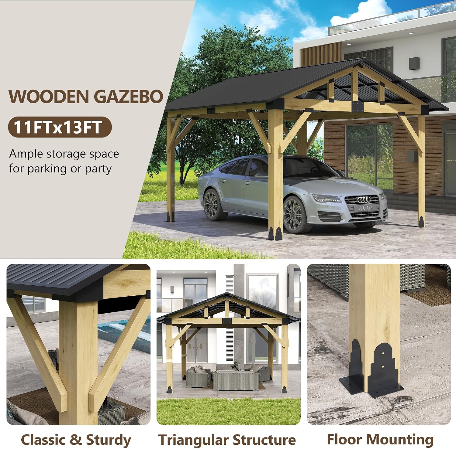 11'x13' Wood Gazebo, Outdoor Hardtop Gazebo, Cedar Frame Wooden Gazebos with Waterproof Steel Roof, Fit Patio, Backyard, Garden, Lawns, Porch