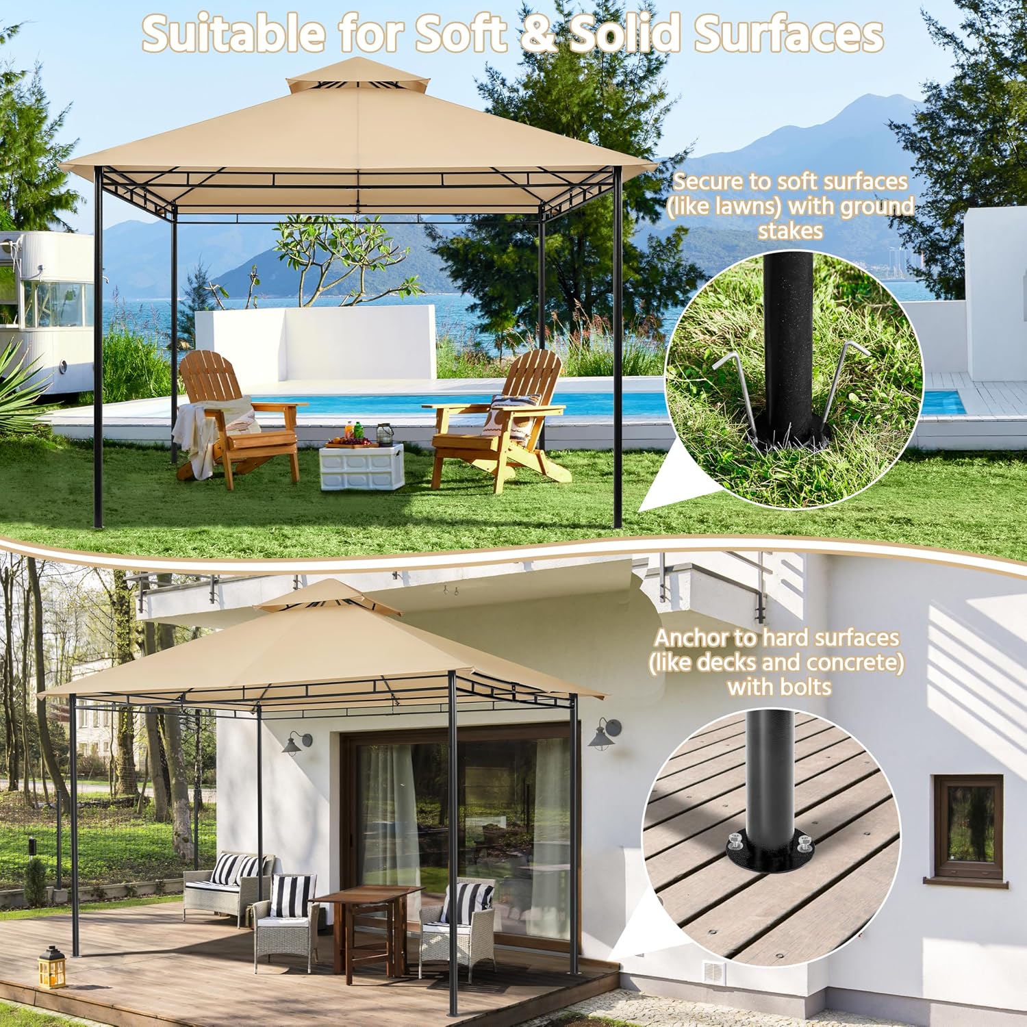 Yaheetech Gazebo for Patios - 11x11ft Outdoor Powder-Coated Steel Frame Gazebo, Double Roofs Grill Shelters BBQ Pavilion for Lawn/Backyard/Garden/Deck, Khaki