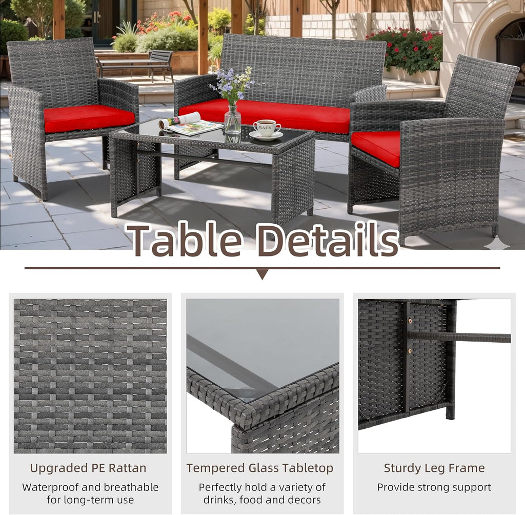 4 Piece Patio Ratten Set Outdoor Furniture Set Wicker Conversation Set with Cushions and Tempered Glass Tabletop,Red
